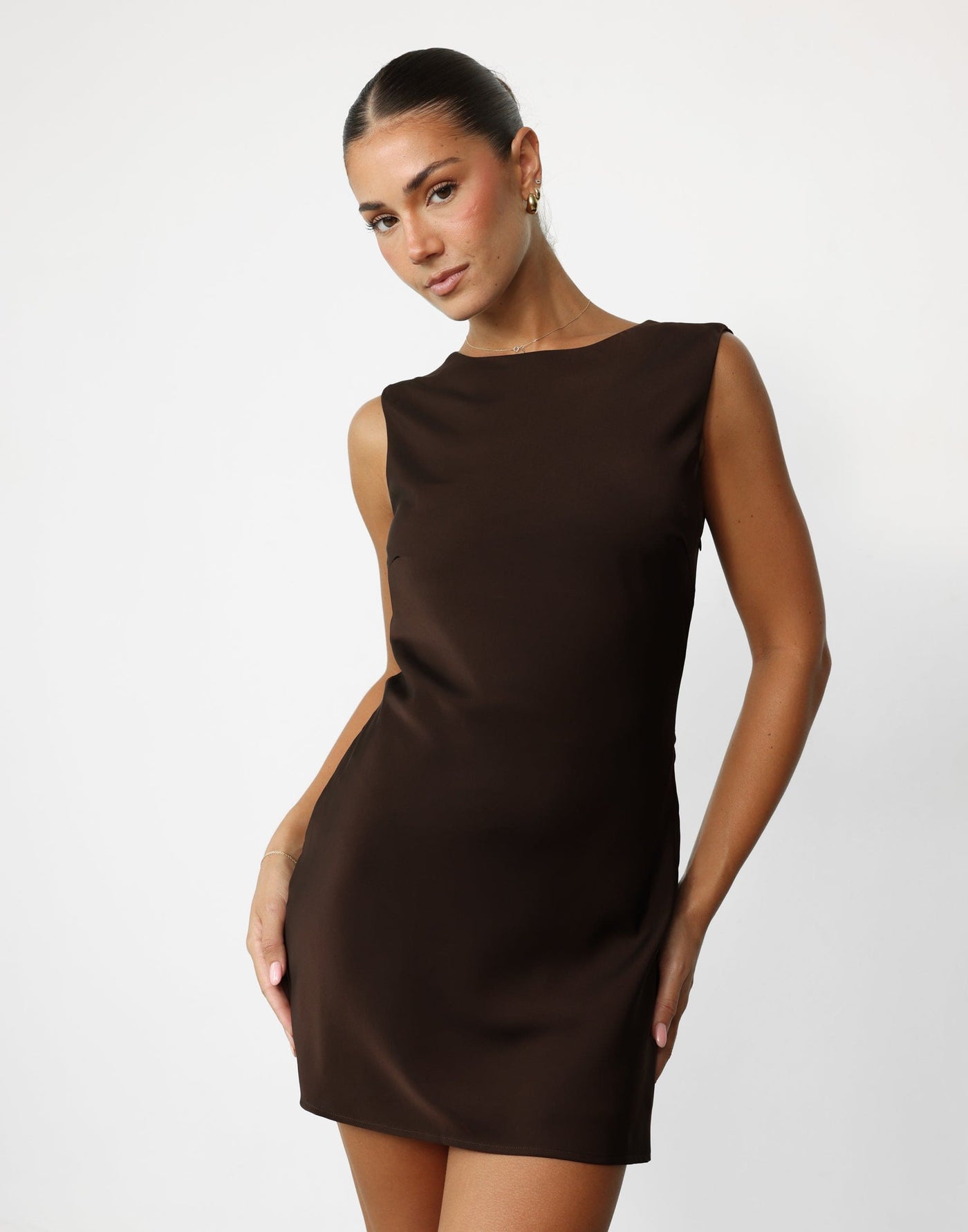 Lucetto Mini Dress (Chocolate) | CHARCOAL Exclusive - Sheer Back Satin Mini Dress - Women's Dress - Charcoal Clothing