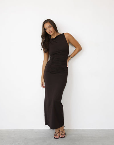 Caprice Maxi Dress (Chocolate) | CHARCOAL Exclusive - Bodycon High Straight Neck Ruched Side Maxi Dress - Women's Dress - Charcoal Clothing
