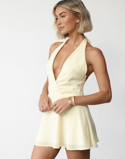Raquelle Mini Dress (Lemon) | CHARCOAL Exclusive - Tie-up Halter Neck Flared Skirt Mini Dress - Women's Dress - Charcoal Clothing