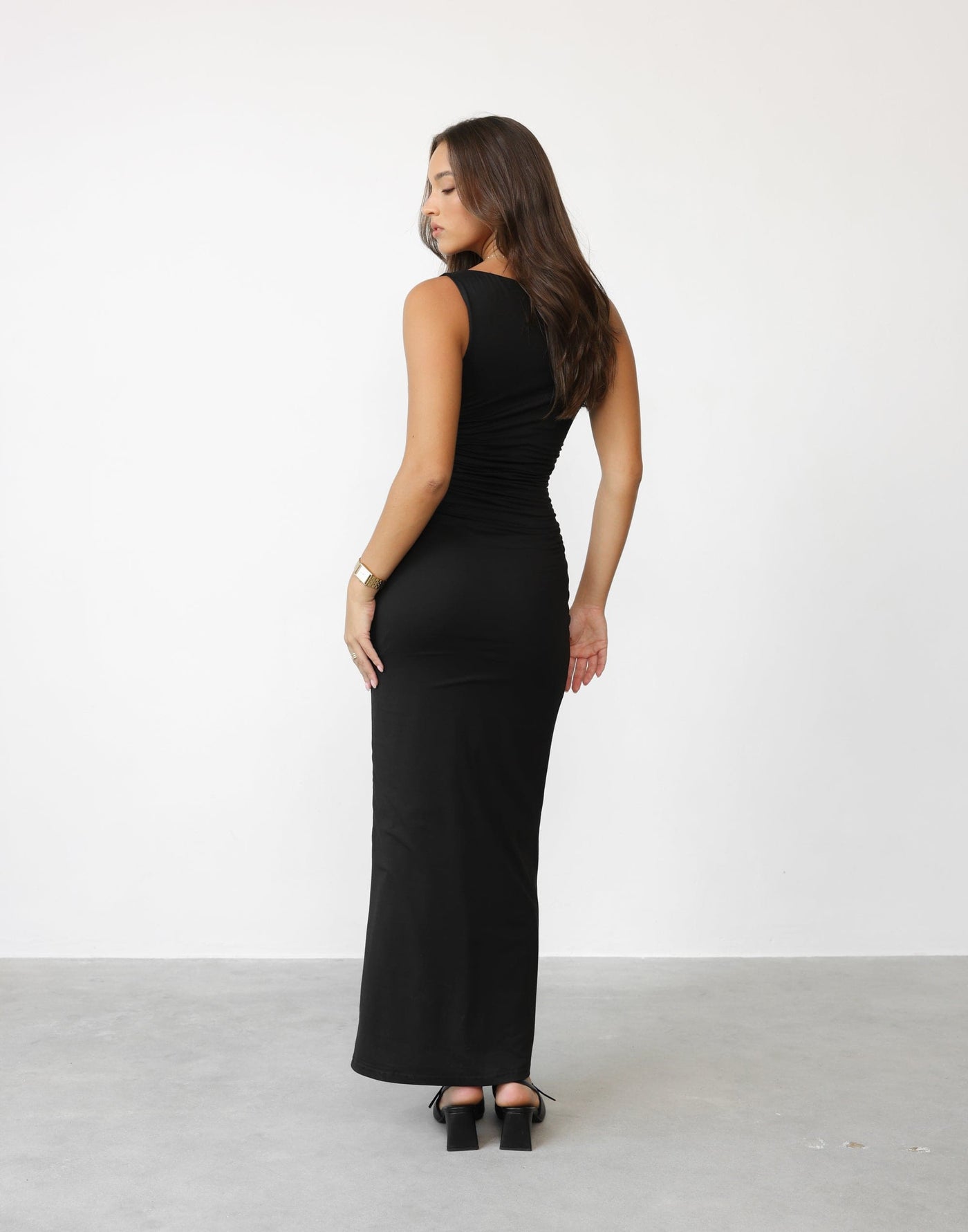 Caprice Maxi Dress (Black) | CHARCOAL Exclusive - Bodycon High Straight Neck Ruched Side Maxi Dress - Women's Dress - Charcoal Clothing