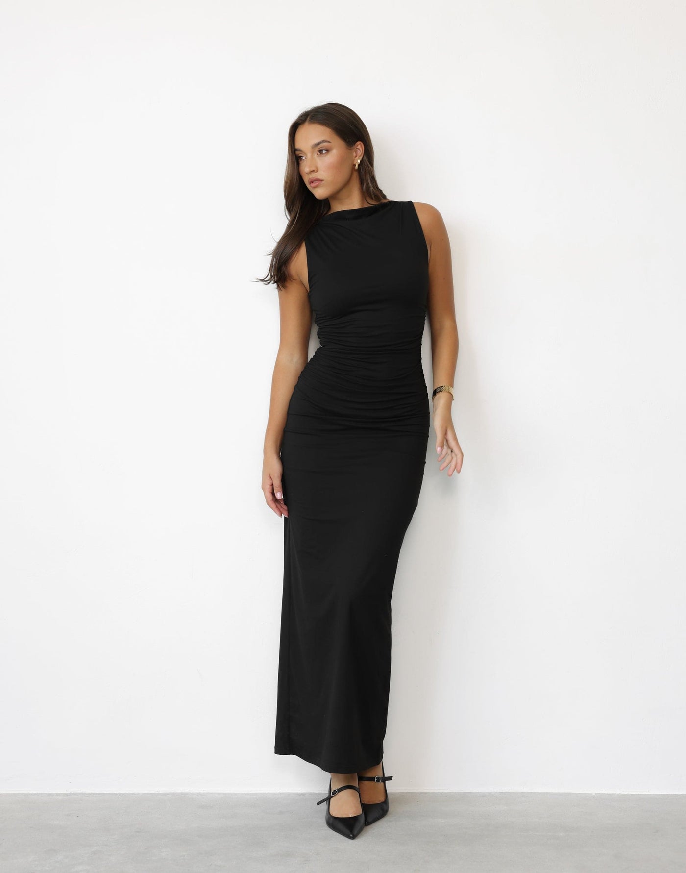 Caprice Maxi Dress (Black) | CHARCOAL Exclusive - Bodycon High Straight Neck Ruched Side Maxi Dress - Women's Dress - Charcoal Clothing