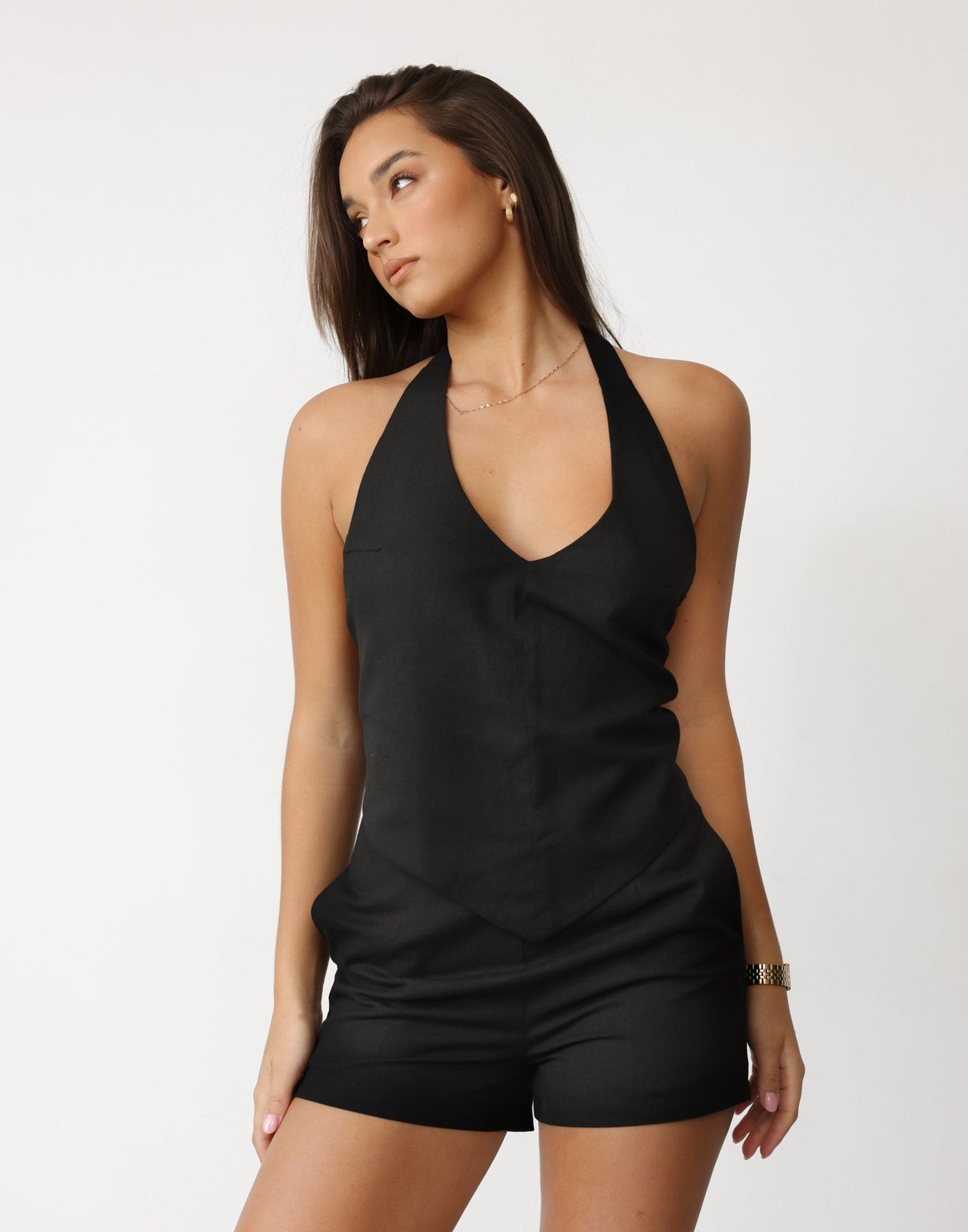 Grace Linen Top (Black) | CHARCOAL Exclusive - V Neck Tie Up Neck and Back V Neck Top - Women's Top - Charcoal Clothing
