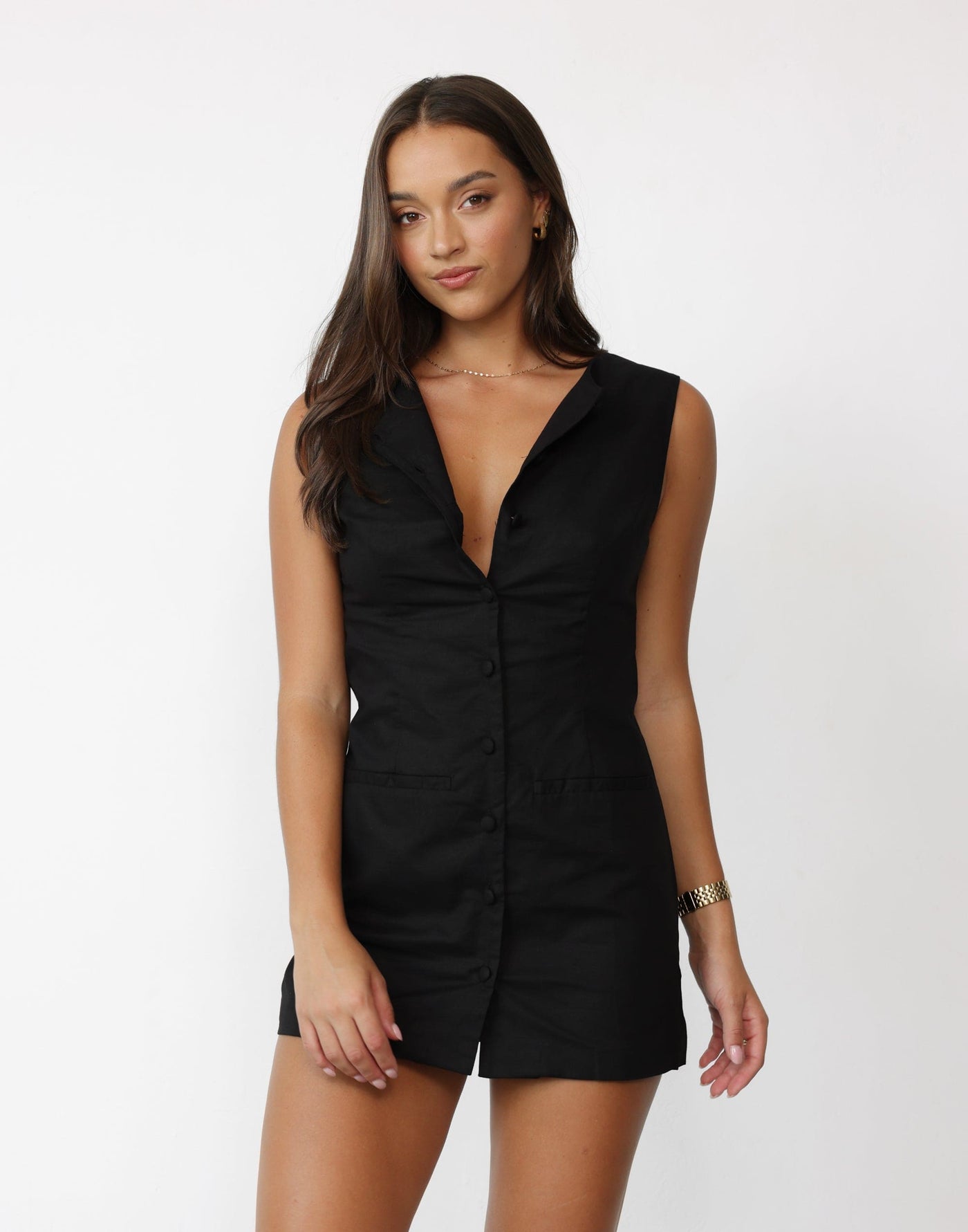 Garcia Mini Dress (Black) - Button Closure High Neck Mini Dress - Women's Dress - Charcoal Clothing