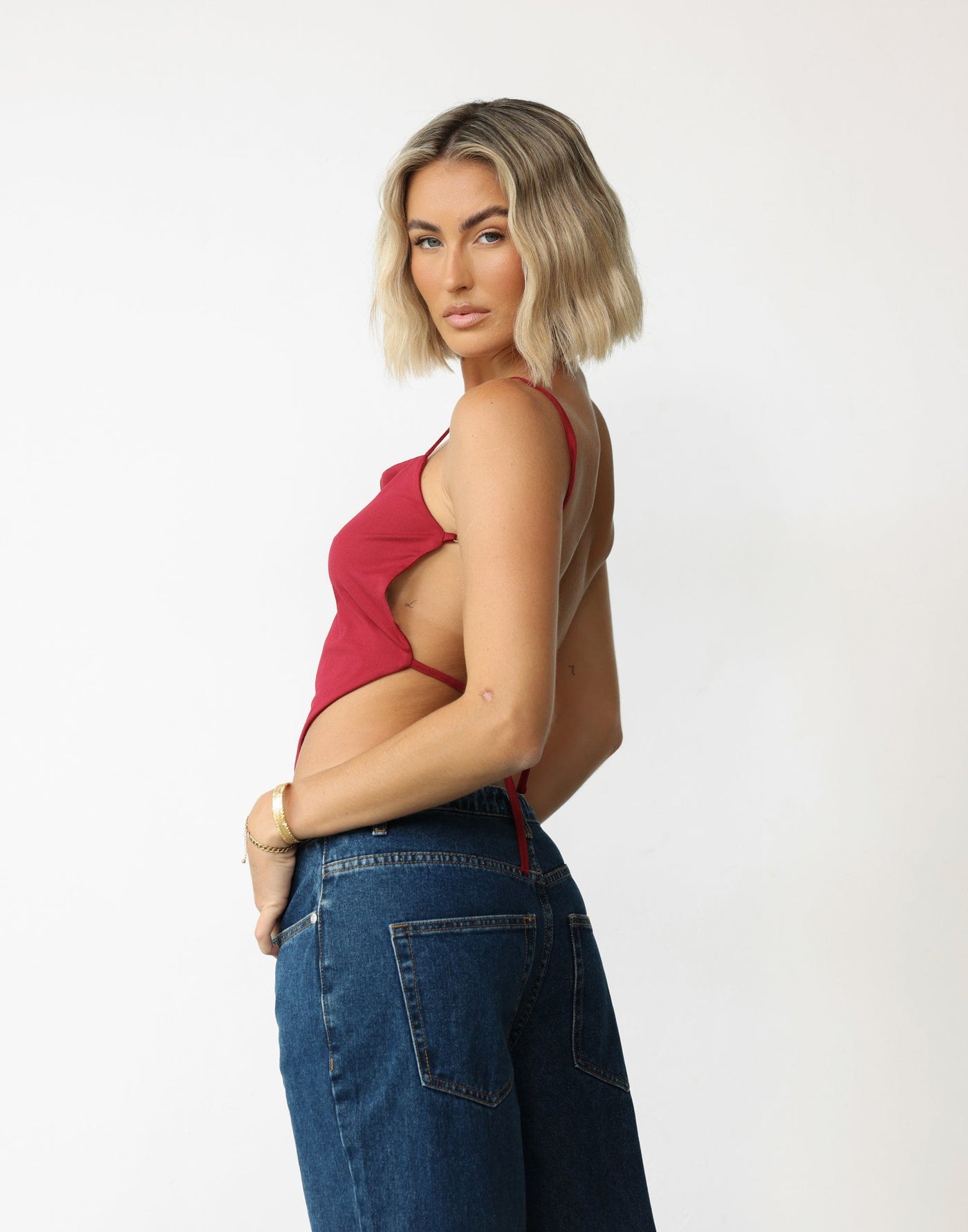 Amalia Top (Cherry) | CHARCOAL Exclusive - Straight Neckline V Point Hem Backless Top - Women's Top - Charcoal Clothing