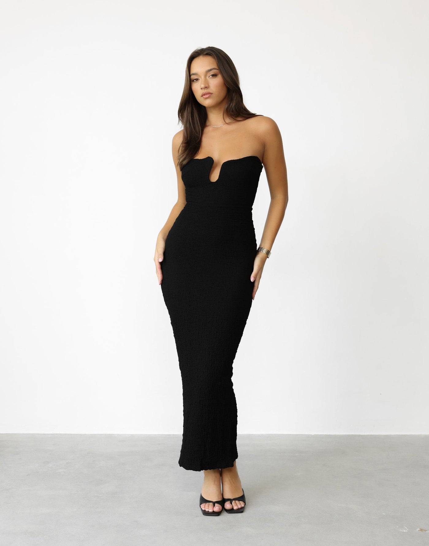 Korinna Maxi Dress (Black) - Bodycon Textured Strapless Maxi Dress - Women's Dress - Charcoal Clothing