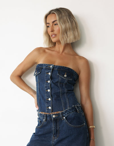 Collision Denim Corset Top (Dark Denim) | CHARCOAL Exclusive - Strapless Button Closure Fitted Top - Women's Top - Charcoal Clothing
