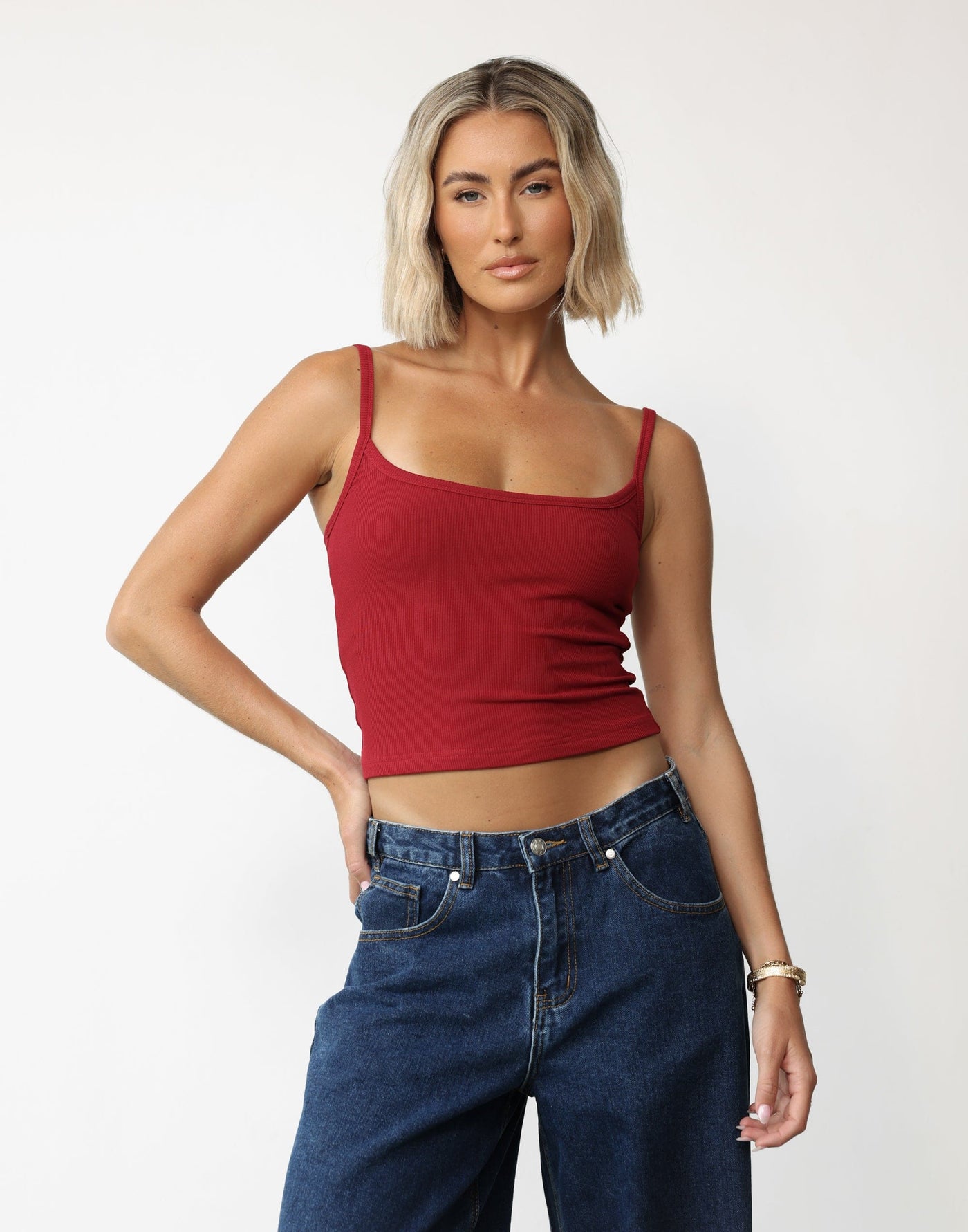 Malina Cami Top (Cherry) | CHARCOAL Exclusive - Basic Ribbed Scoop Neck Lined Top - Women's Top - Charcoal Clothing