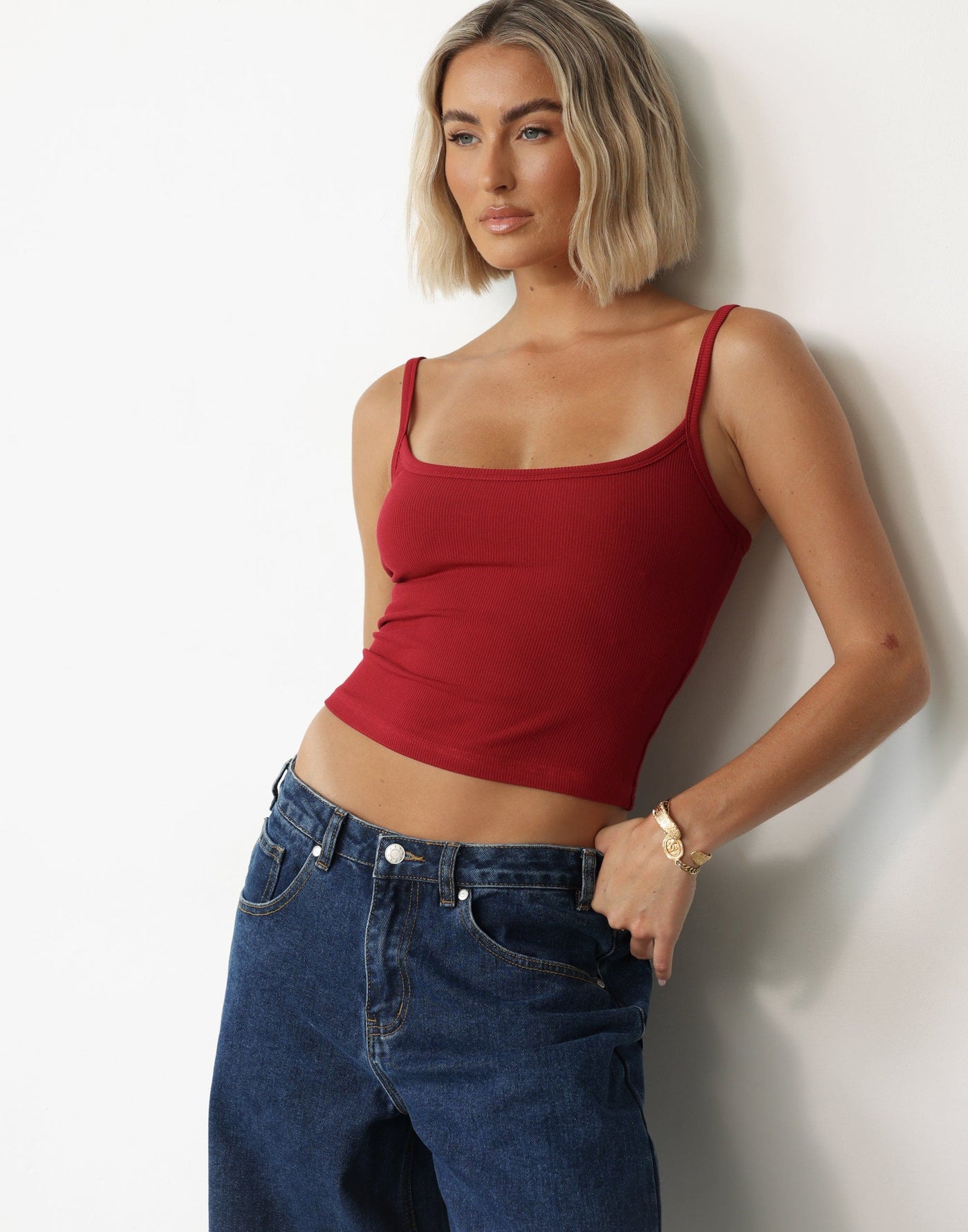 Malina Cami Top (Cherry) | CHARCOAL Exclusive - Basic Ribbed Scoop Neck Lined Top - Women's Top - Charcoal Clothing
