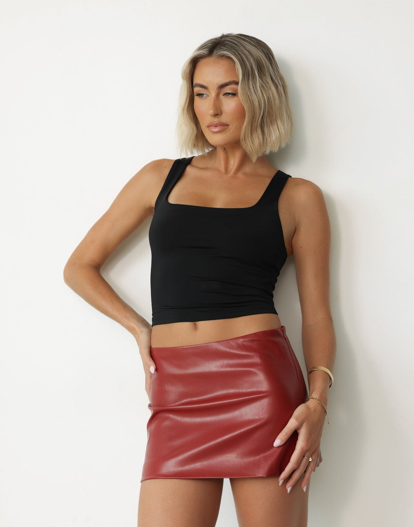 Paris Mini Skirt (Dark Merlot) | CHARCOAL Exclusive - Faux Leather Dark Red Mini Skirt - Women's Skirt - Charcoal Clothing