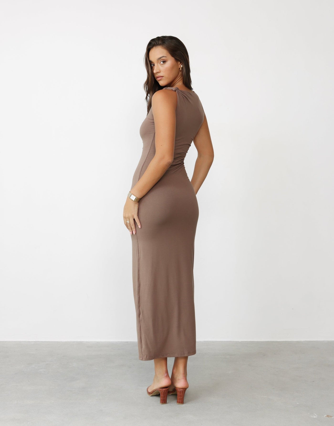 Sahana Maxi Dress (Mocha) - Bodycon High Neck Twisted Shoulder Maxi Dress - Women's Skirt - Charcoal Clothing