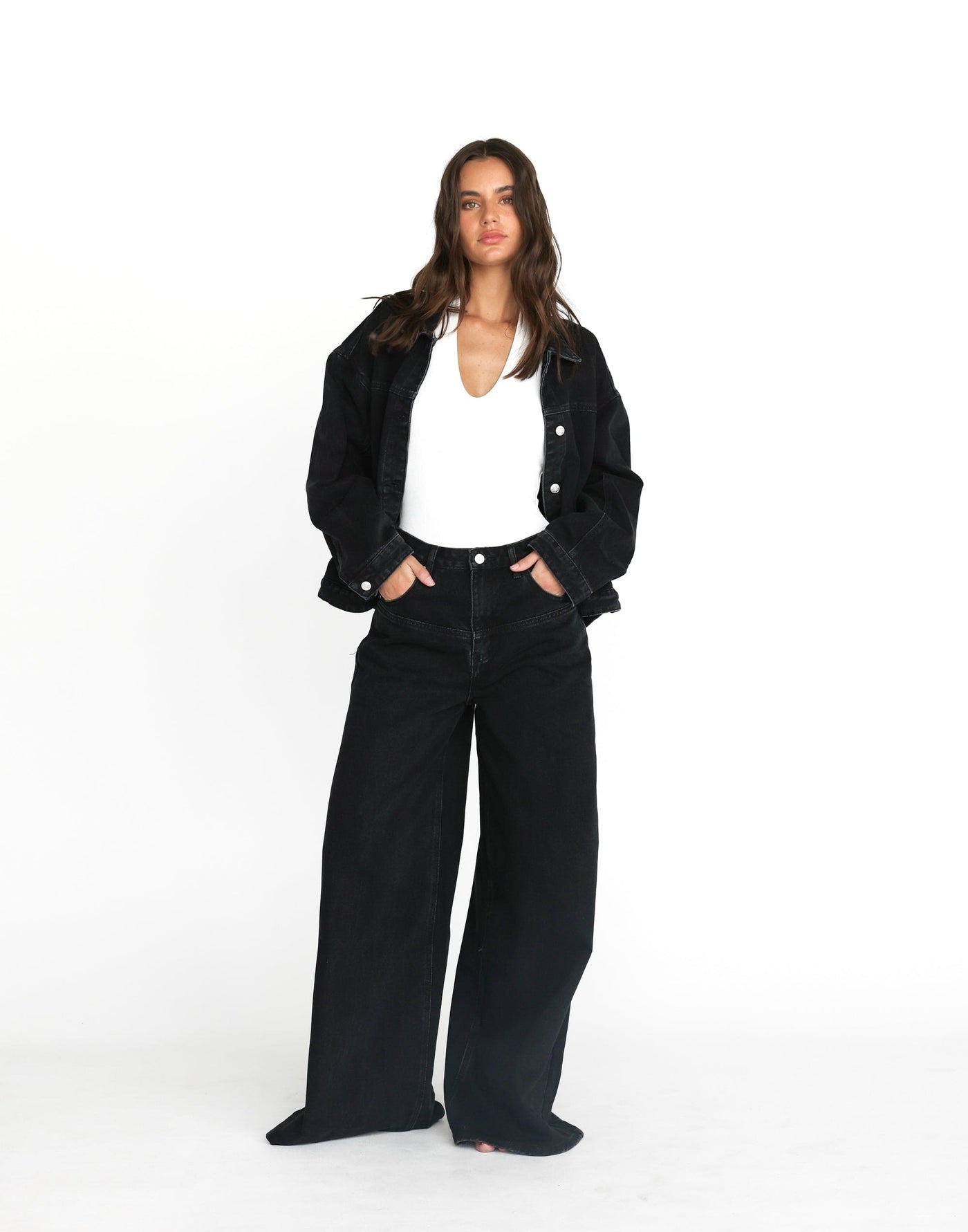 Cole Denim Jacket (Vintage Black) | CHARCOAL Exclusive - Adjustable Waist Silver Button Denim Jacket - Women's Outerwear - Charcoal Clothing