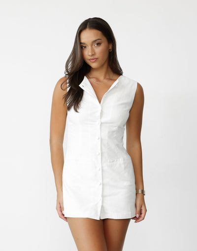 Garcia Mini Dress (White) - Button Closure High Neck Mini Dress - Women's Dress - Charcoal Clothing