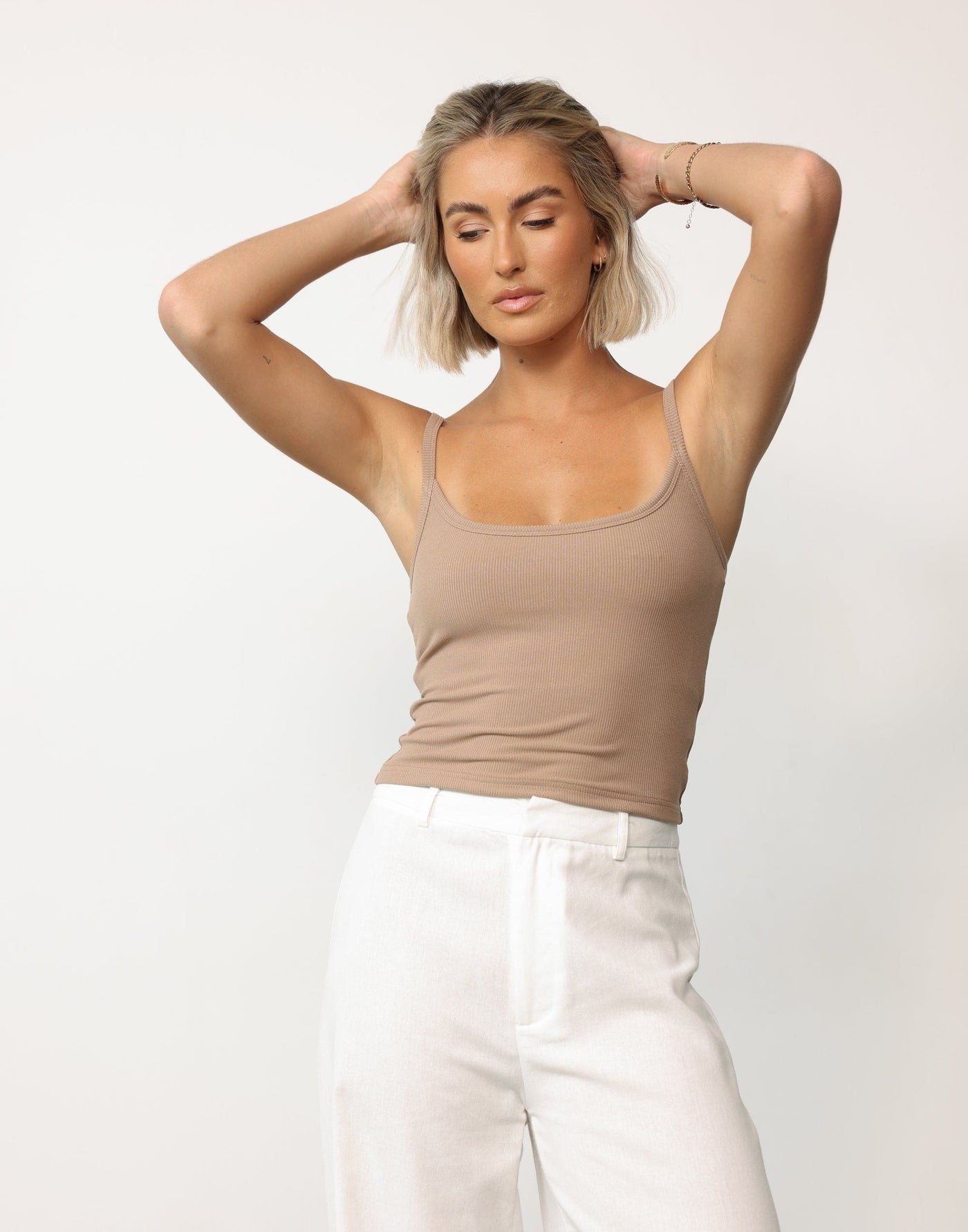 Malina Cami Top (Light Mocha) | CHARCOAL Exclusive - Basic Ribbed Scoop Neck Lined Top - Women's Top - Charcoal Clothing