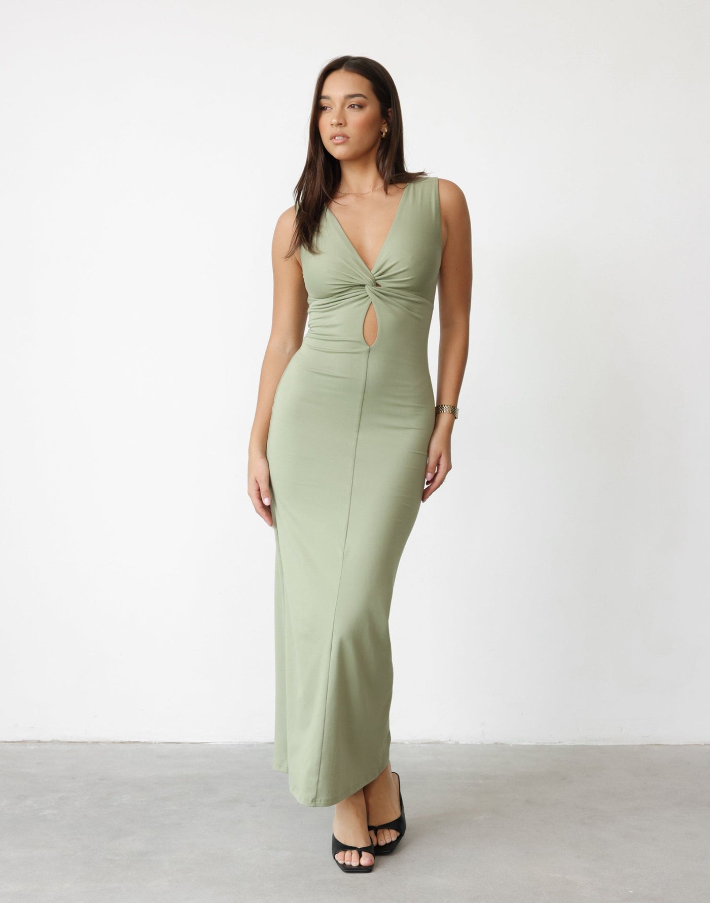 Althea Maxi Dress (Pistachio) | CHARCOAL Exclusive - V-Neck Stretchy Jersey Bodycon Maxi Dress - Women's Dress - Charcoal Clothing
