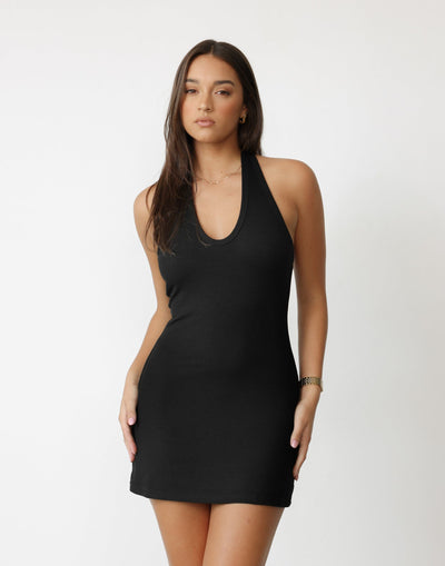 Arwen Mini Dress (Black) | CHARCOAL Exclusive - Low Neckline Ribbed Bodycon Mini Dress - Women's Dress - Charcoal Clothing