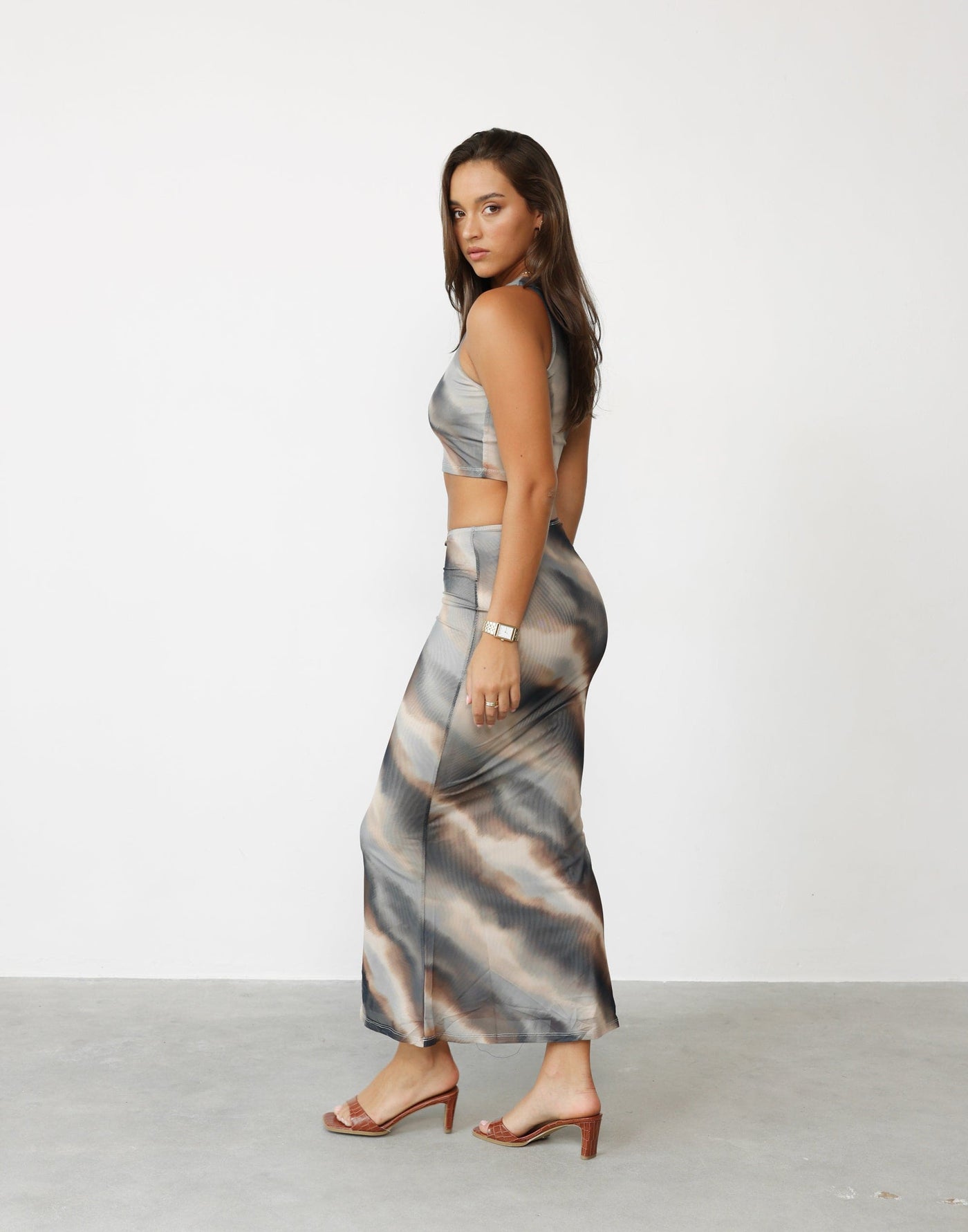 Clare Maxi Skirt (Storm Print) - Printed Low to High Rise Bodycon Stretchy Maxi Skirt - Women's Skirt - Charcoal Clothing