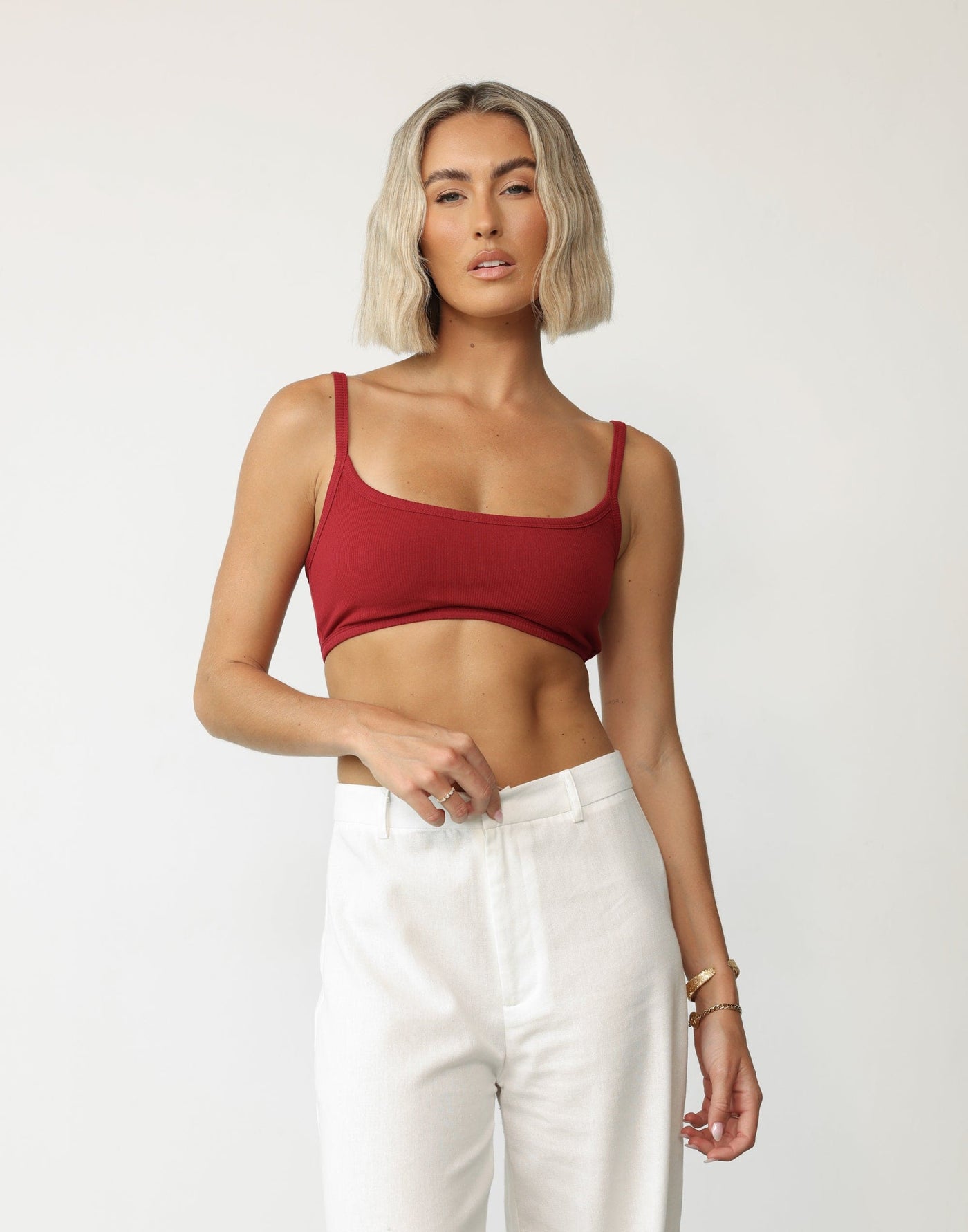 Malina Crop Top (Cherry) | CHARCOAL Exclusive - Basic Ribbed Scoop Neck Lined Bralette Style Top - Women's Top - Charcoal Clothing