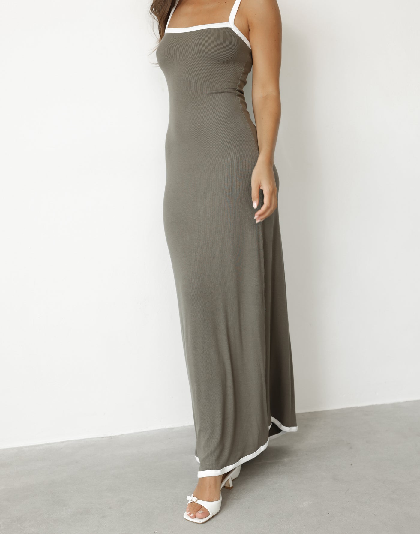 Amihan Maxi Dress (Khaki) - Stretch Knit Scoop Neck Contrast Detail Maxi Dress - Women's Dress - Charcoal Clothing