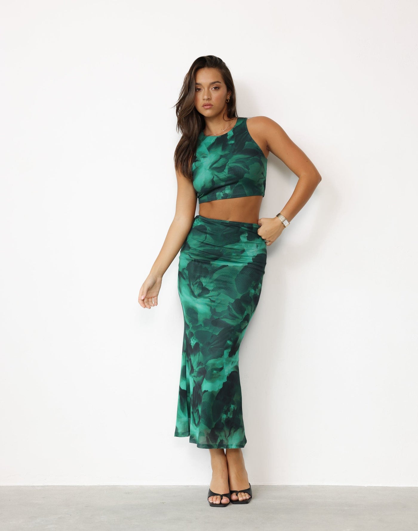 Clare Maxi Skirt (Jade) - Printed Low to High Rise Bodycon Stretchy Maxi Skirt - Women's Skirt - Charcoal Clothing