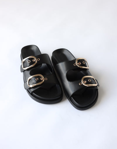 Kasen Slides (Black) - By Billini - Gold Embellishment Dual Strap Slides - Women's Shoes - Charcoal Clothing