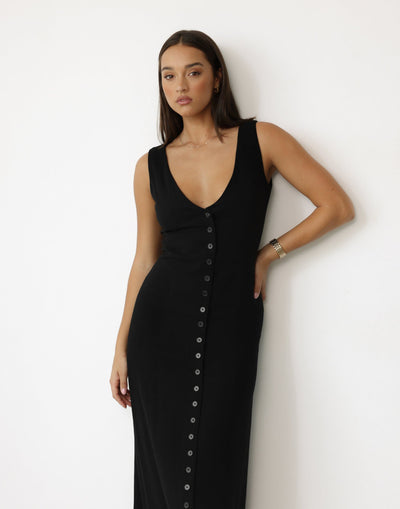 Cailey Maxi Dress (Black) | CHARCOAL Exclusive - Button Closure V-Neckline Linen Blend Maxi Dress - Women's Dress - Charcoal Clothing
