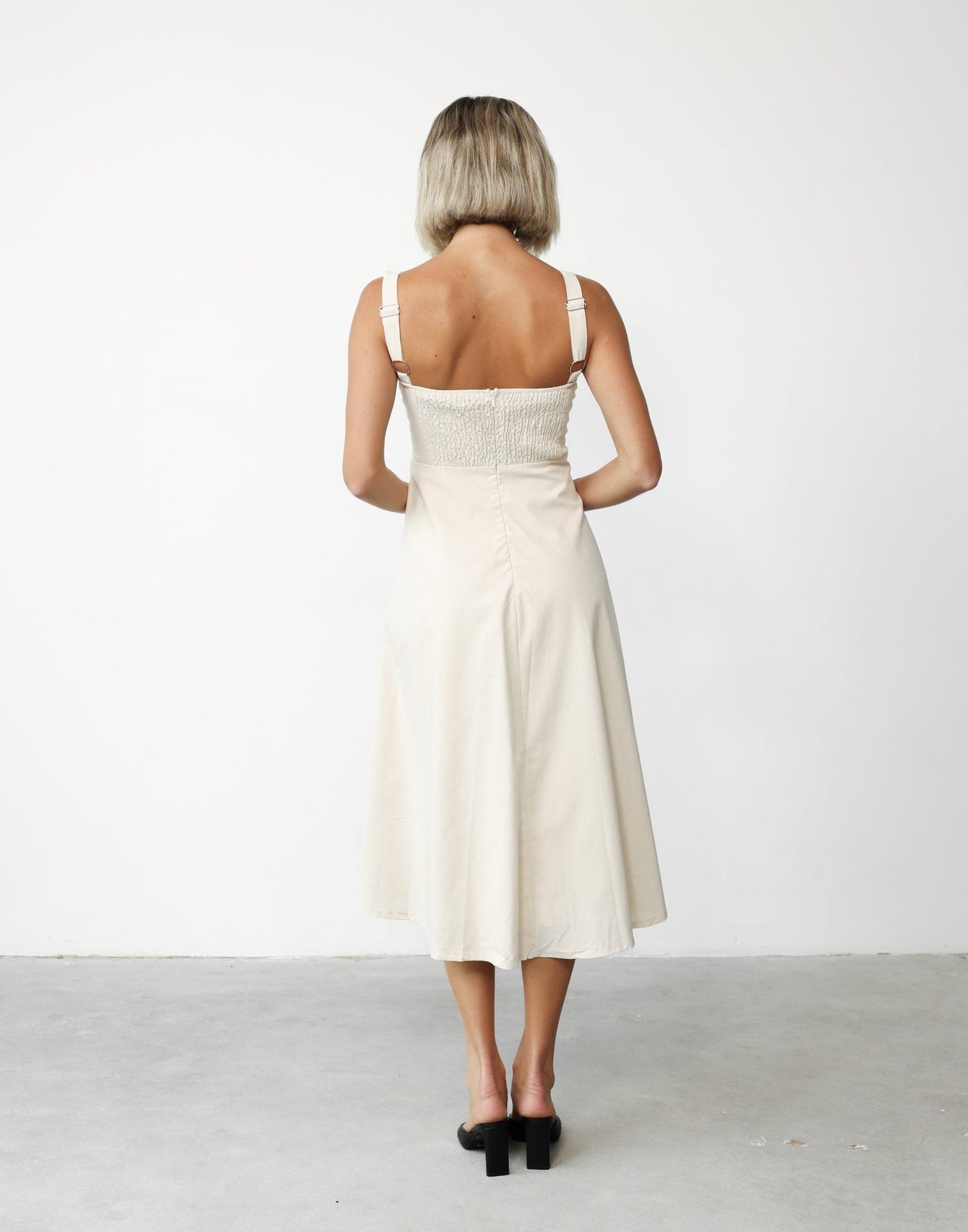 Kella Denim Maxi Dress (Beige) - Rounded Square Neckline A-line Maxi - Women's Dress - Charcoal Clothing