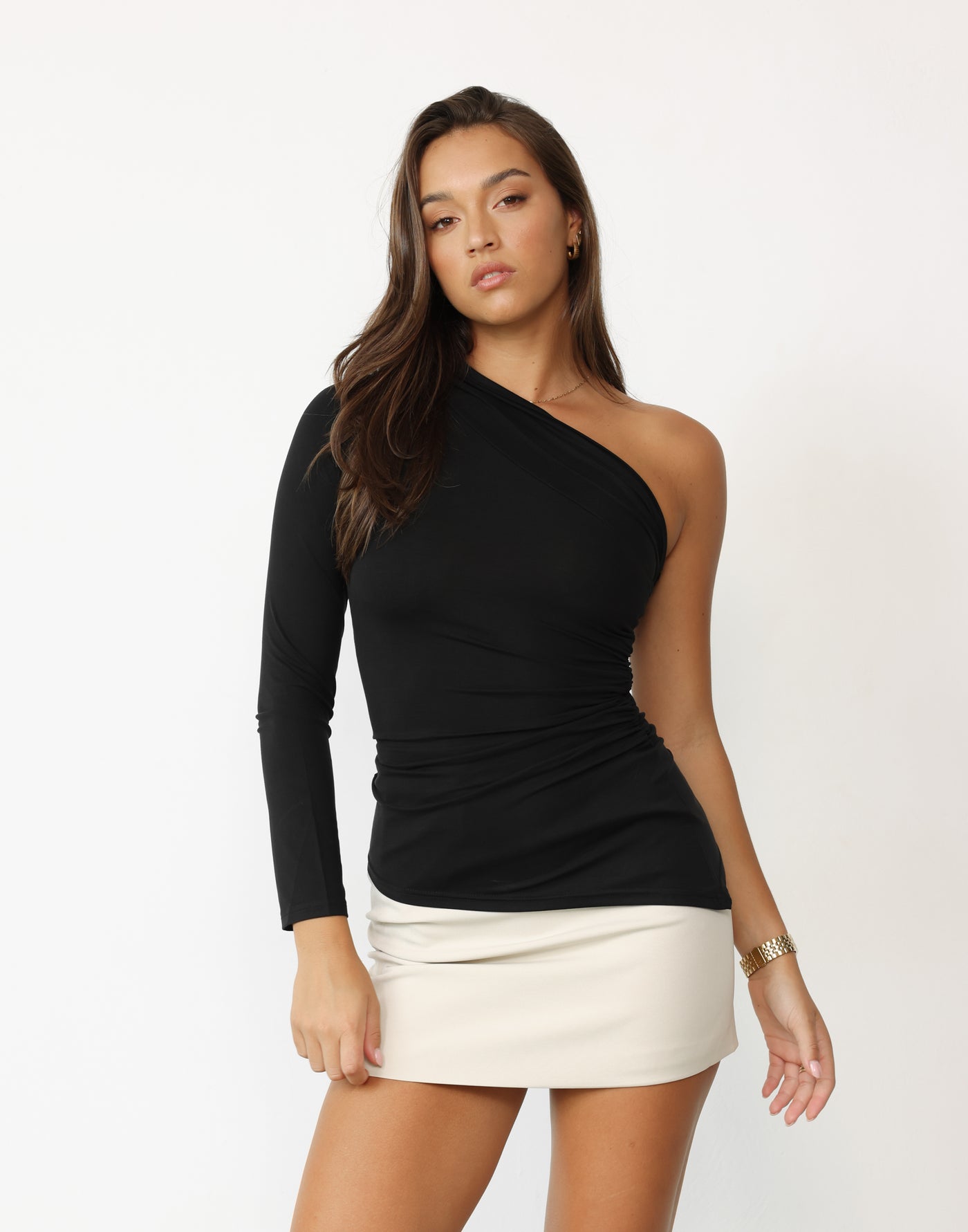 Gomez Top (Black) - One Shoulder Bodycon Long Line Top - Women's Top - Charcoal Clothing