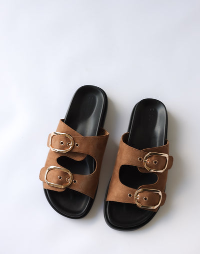 Kasen Slides (Taupe Suede) - By Billini - Gold Embellishment Dual Strap Slides - Women's Shoes - Charcoal Clothing