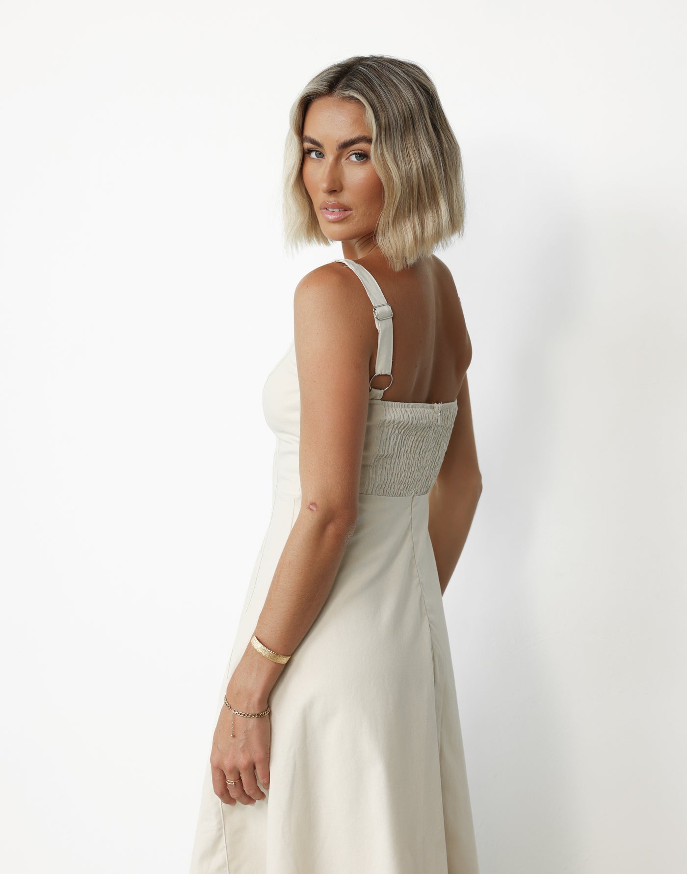 Kella Denim Maxi Dress (Beige) - Rounded Square Neckline A-line Maxi - Women's Dress - Charcoal Clothing