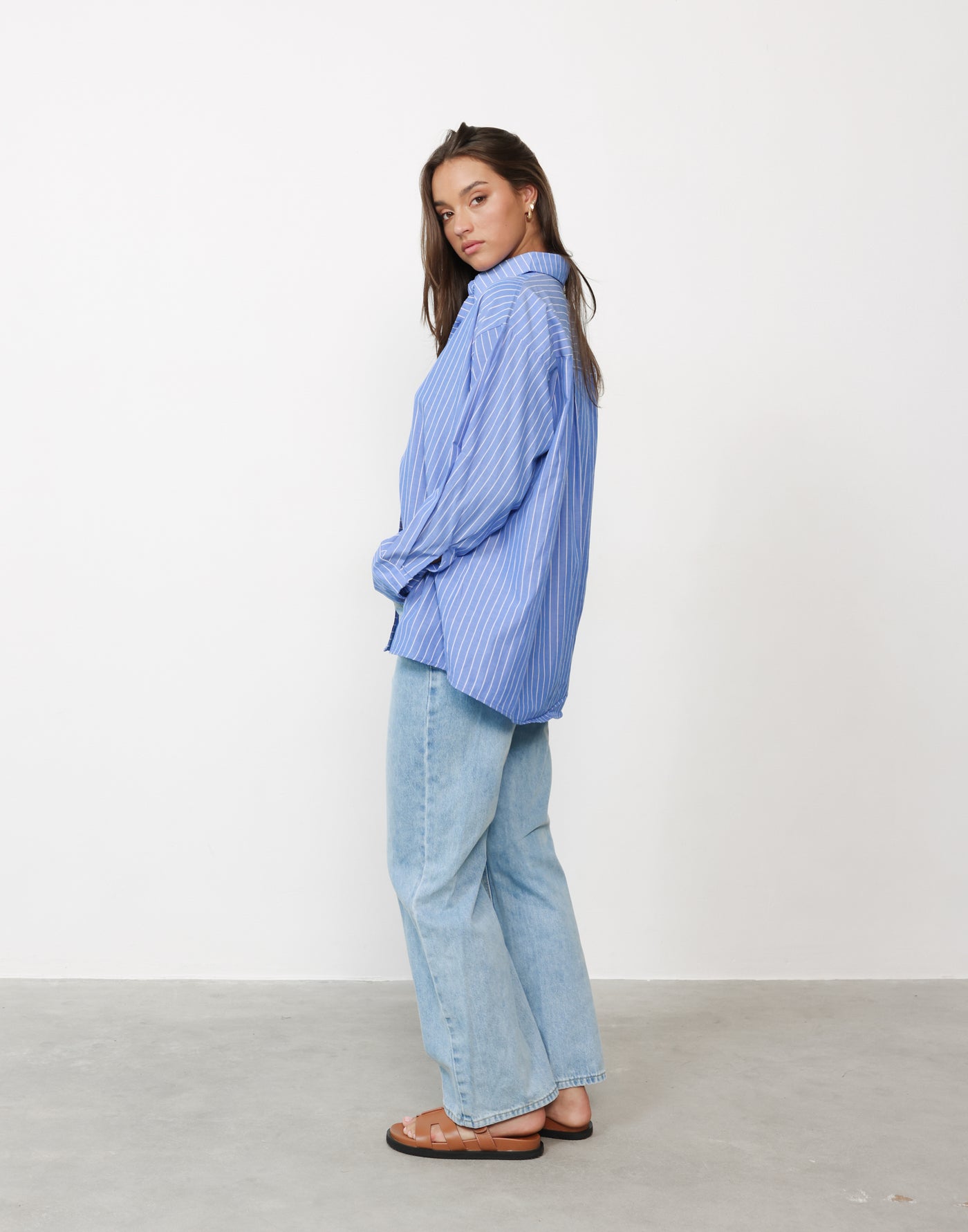 Blanchet Shirt (Cobalt Pinstripe) - Relaxed Fit Pinstripe Long Sleeve Dress Shirt - Women's Top - Charcoal Clothing