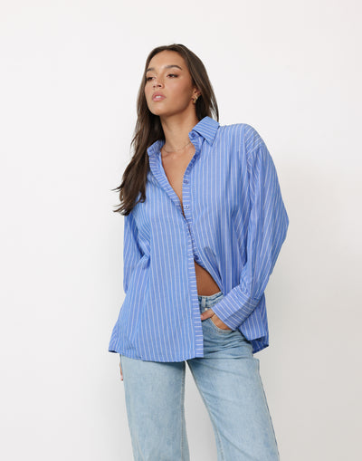 Blanchet Shirt (Cobalt Pinstripe) - Relaxed Fit Pinstripe Long Sleeve Dress Shirt - Women's Top - Charcoal Clothing