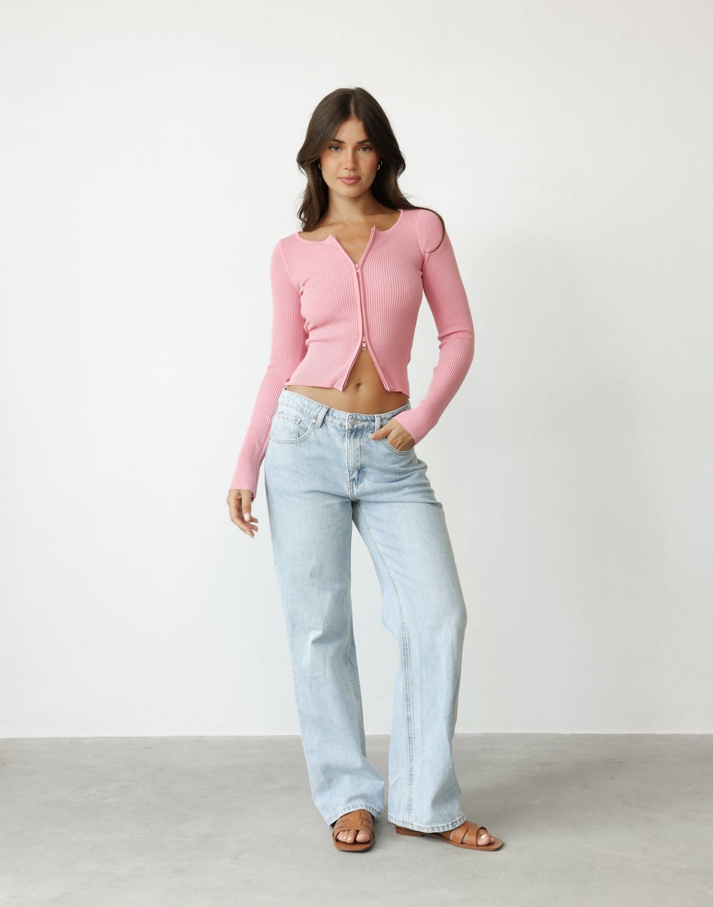 Avantika Top (Pink) - Ribbed Knit Zip Through Top - Women's Top - Charcoal Clothing