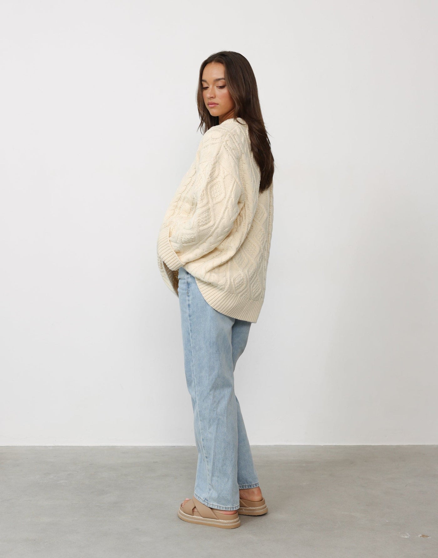 Gigi Knit (Ivory) - By Lioness - Cable Knit Design Oversized Slouched Fit Jumper - Women's Top - Charcoal Clothing
