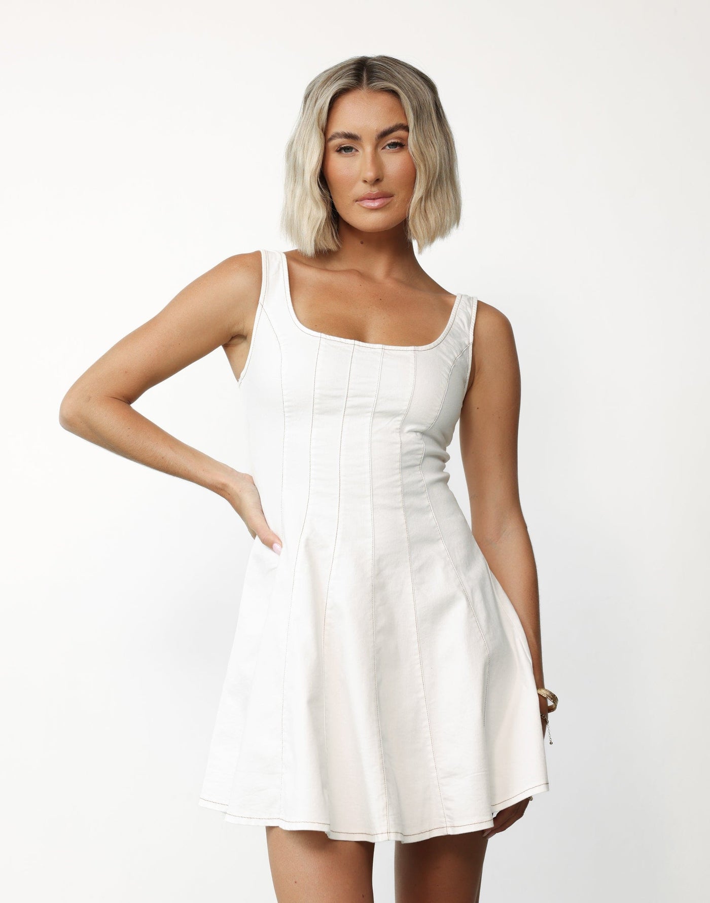 Kella Denim Mini Dress (White) - Rounded Square Neckline A-line Mini - Women's Dress - Charcoal Clothing