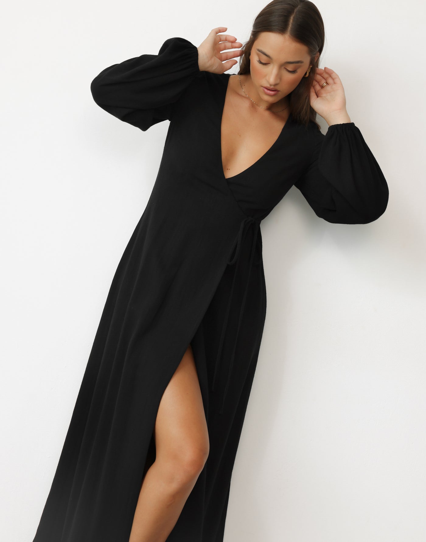 Mori Maxi Dress (Black) | CHARCOAL Exclusive - Long Sleeve Wrap Around Detail Maxi Dress - Women's Dress - Charcoal Clothing
