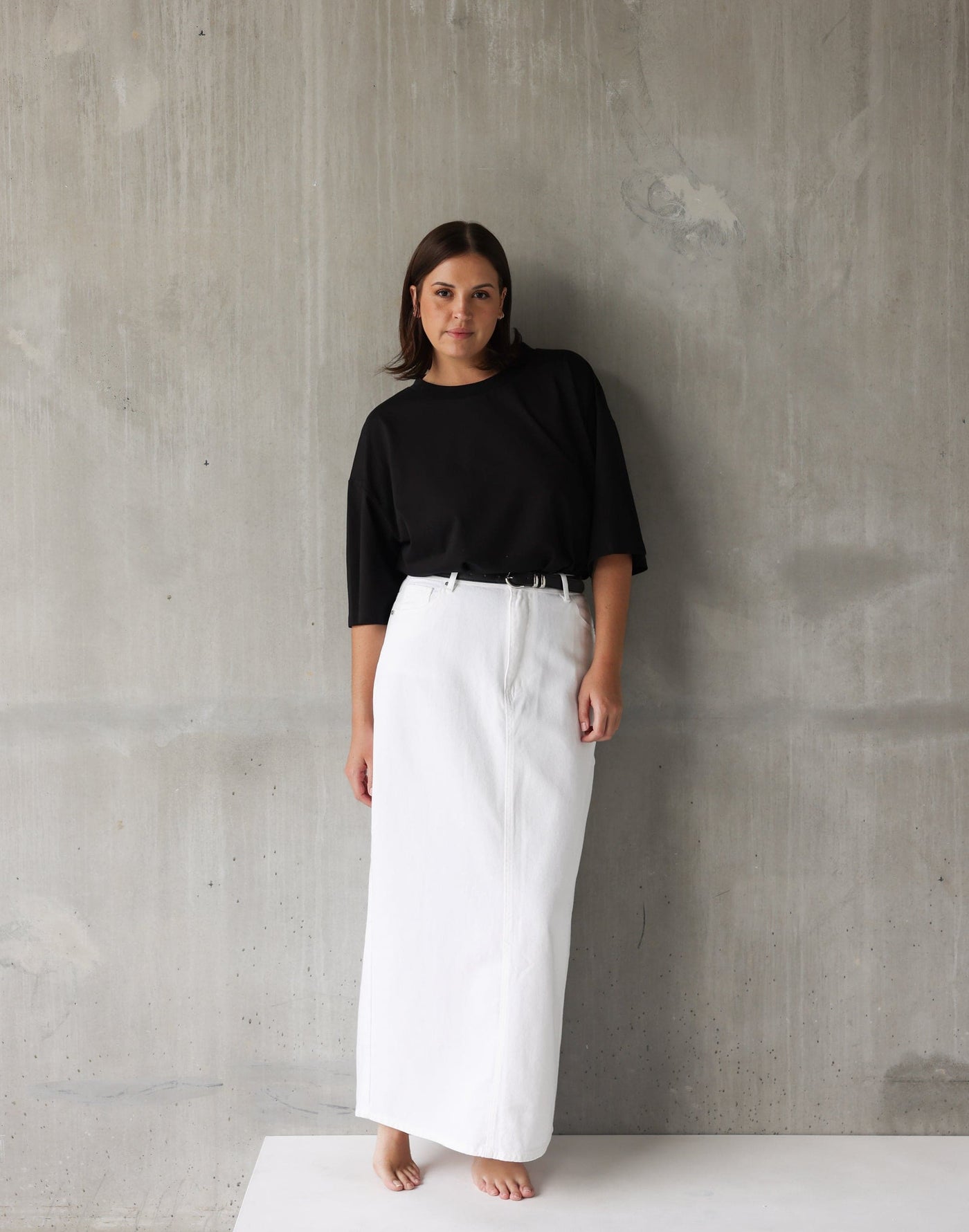 Tyler Denim Maxi Skirt (White) | CHARCOAL Exclusive - Low to High Rise Centre Back Split Maxi Skirt - Women's Skirt - Charcoal Clothing