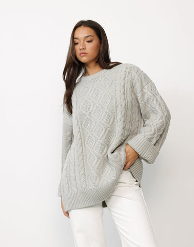 Gigi Knit (Cloud) - By Lioness - Cable Knit Design Oversized Slouched Fit Jumper - Women's Top - Charcoal Clothing