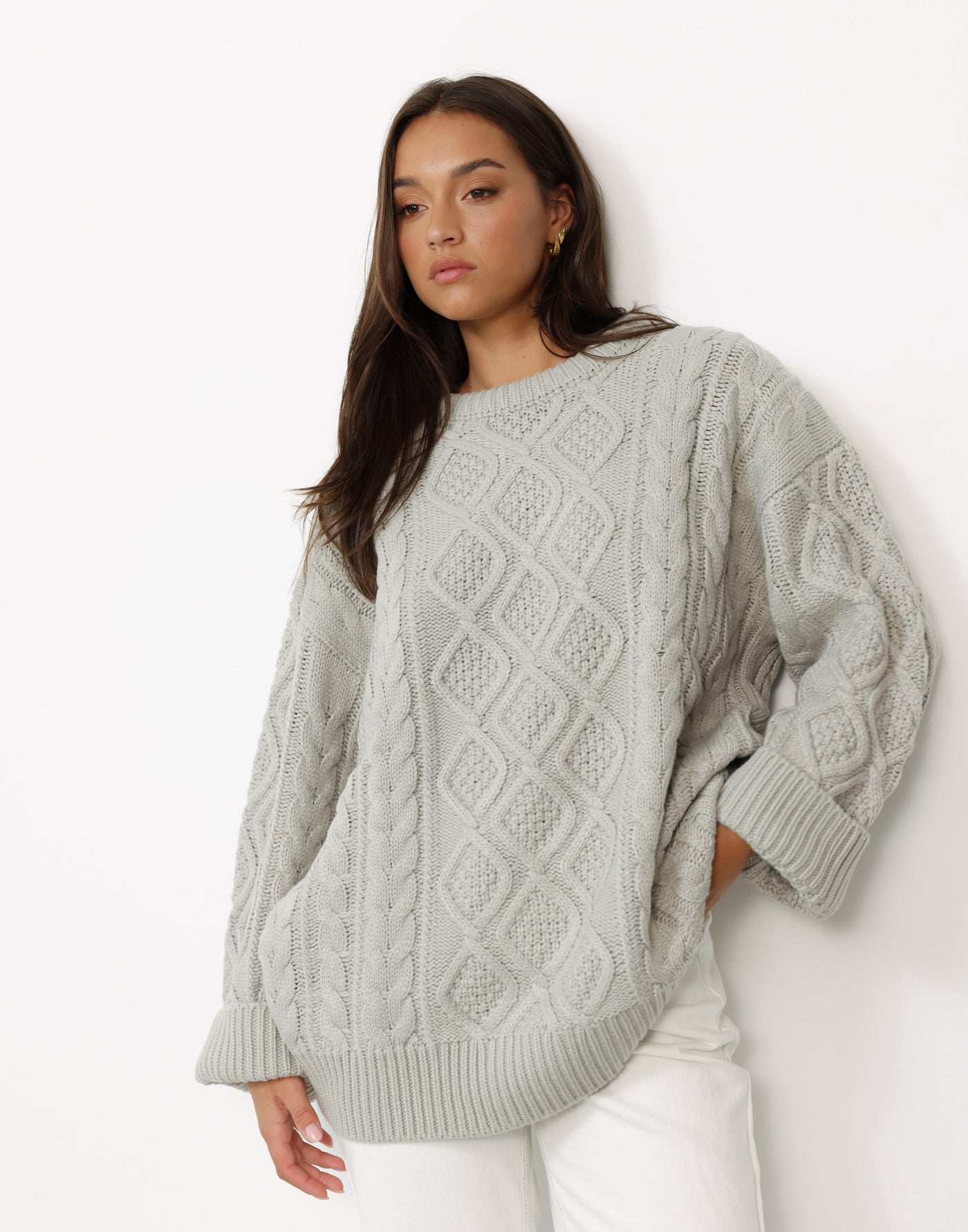 Gigi Knit (Cloud) - By Lioness - Cable Knit Design Oversized Slouched Fit Jumper - Women's Top - Charcoal Clothing