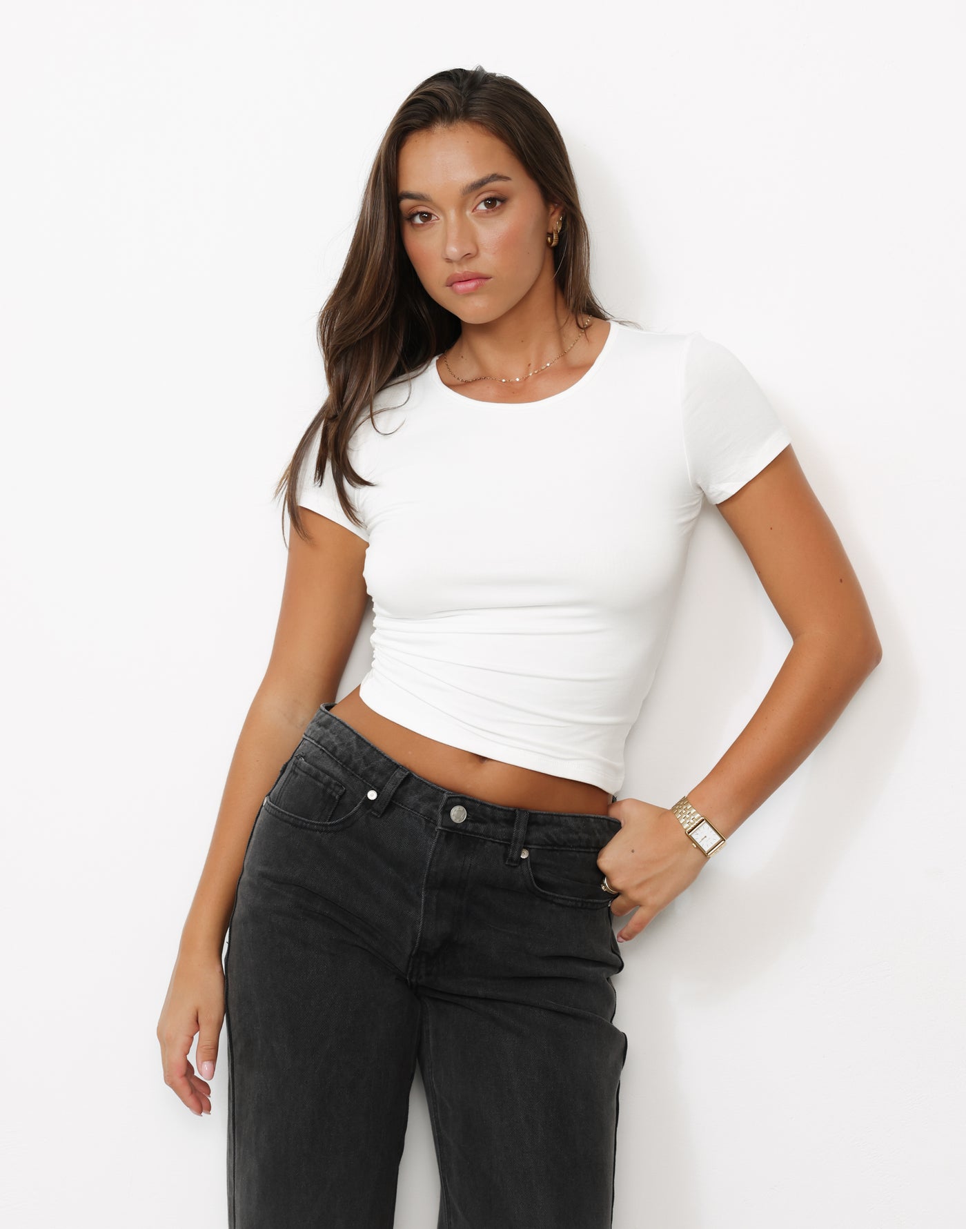 Kristyn Top (White) - Basic Fitted Short Sleeve Bodycon Top - Women's Top - Charcoal Clothing