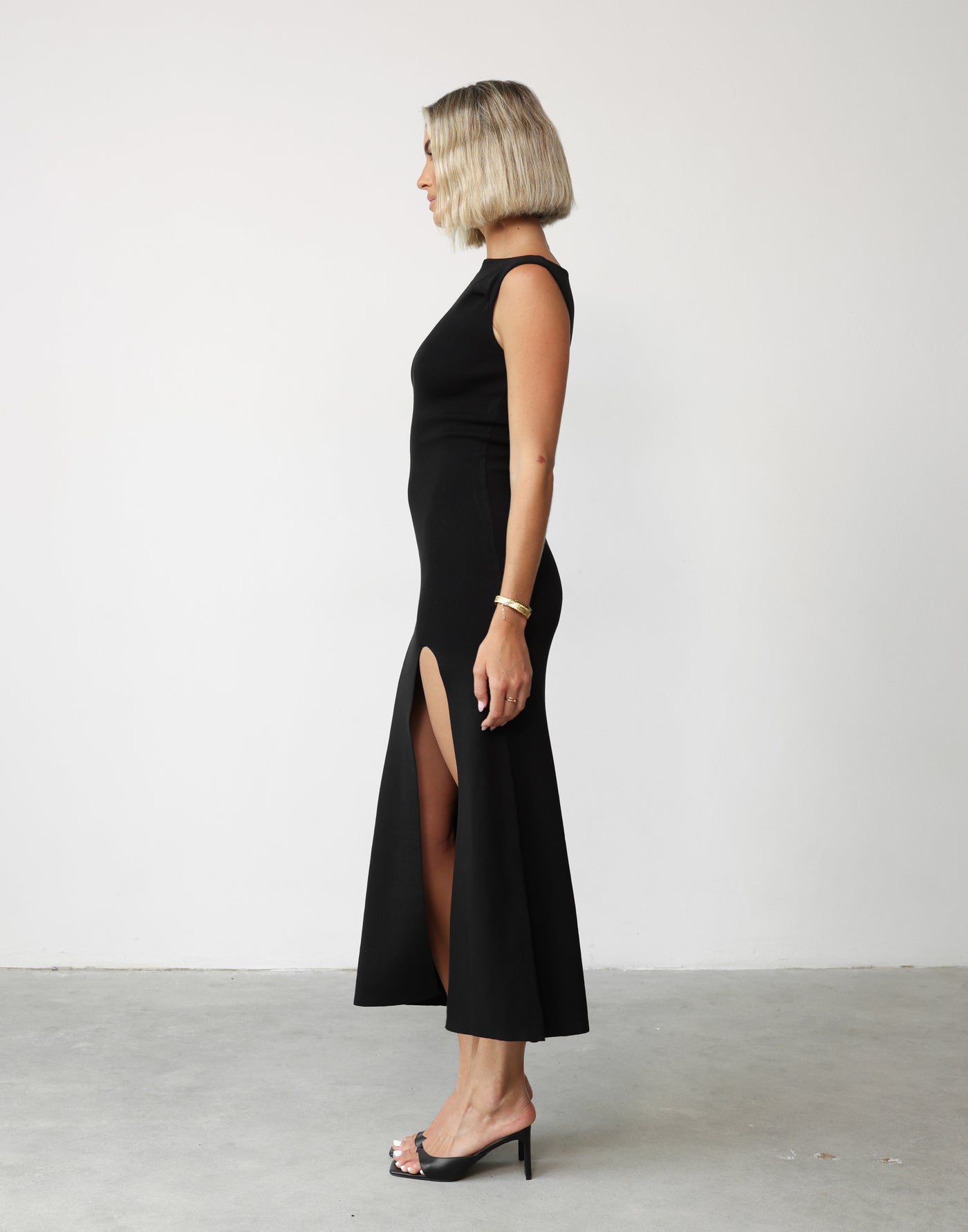 Martina Maxi Dress (Black) - One Shoulder Stretch Knit Leg Split Maxi - Women's Dress - Charcoal Clothing