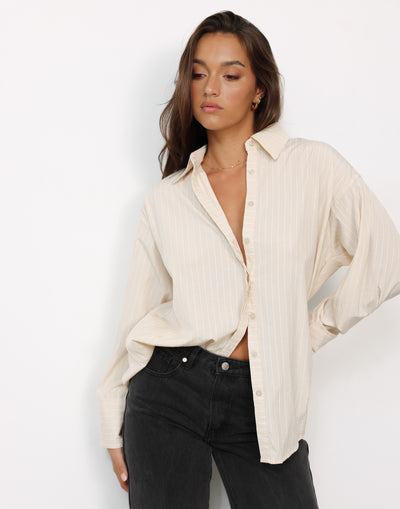 Blanchet Shirt (Almond Pinstripe) - Relaxed Fit Pinstripe Long Sleeve Dress Shirt - Women's Top - Charcoal Clothing