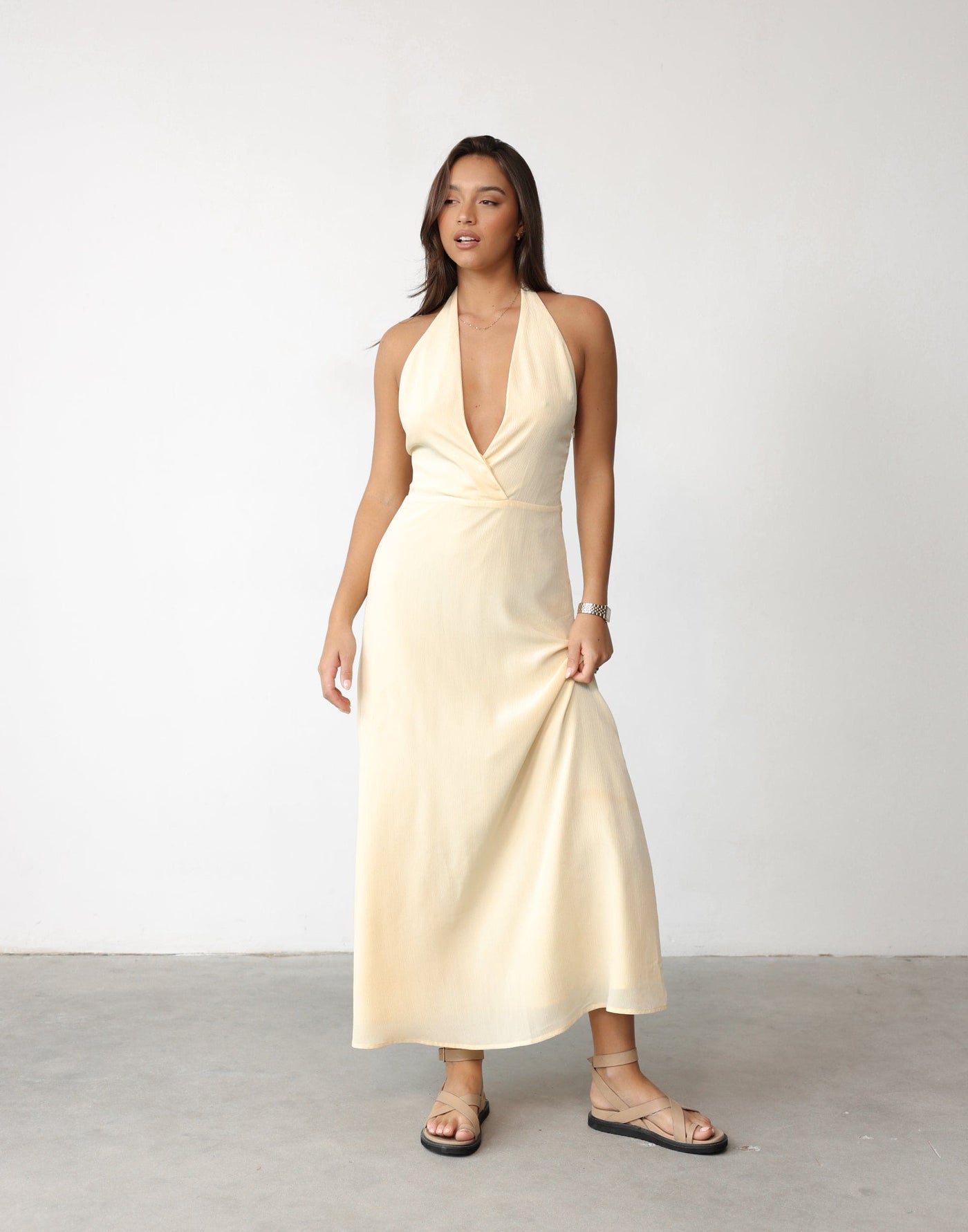 Raquelle Maxi Dress (Lemon) | Charcoal Clothing Exclusive - V-Neck Open Back Flared Skirt Maxi Dress - Women's Dress - Charcoal Clothing