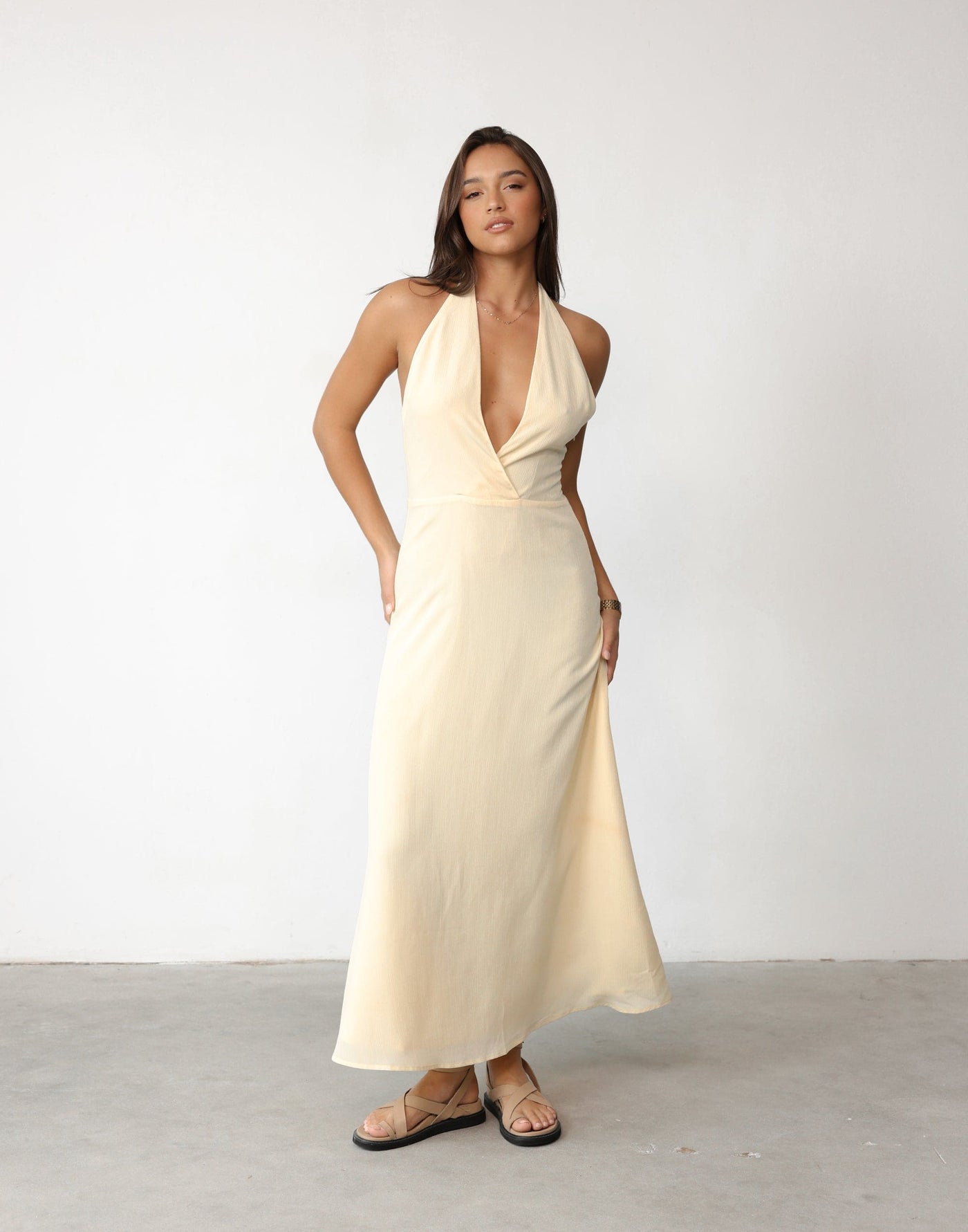 Raquelle Maxi Dress (Lemon) | Charcoal Clothing Exclusive - V-Neck Open Back Flared Skirt Maxi Dress - Women's Dress - Charcoal Clothing
