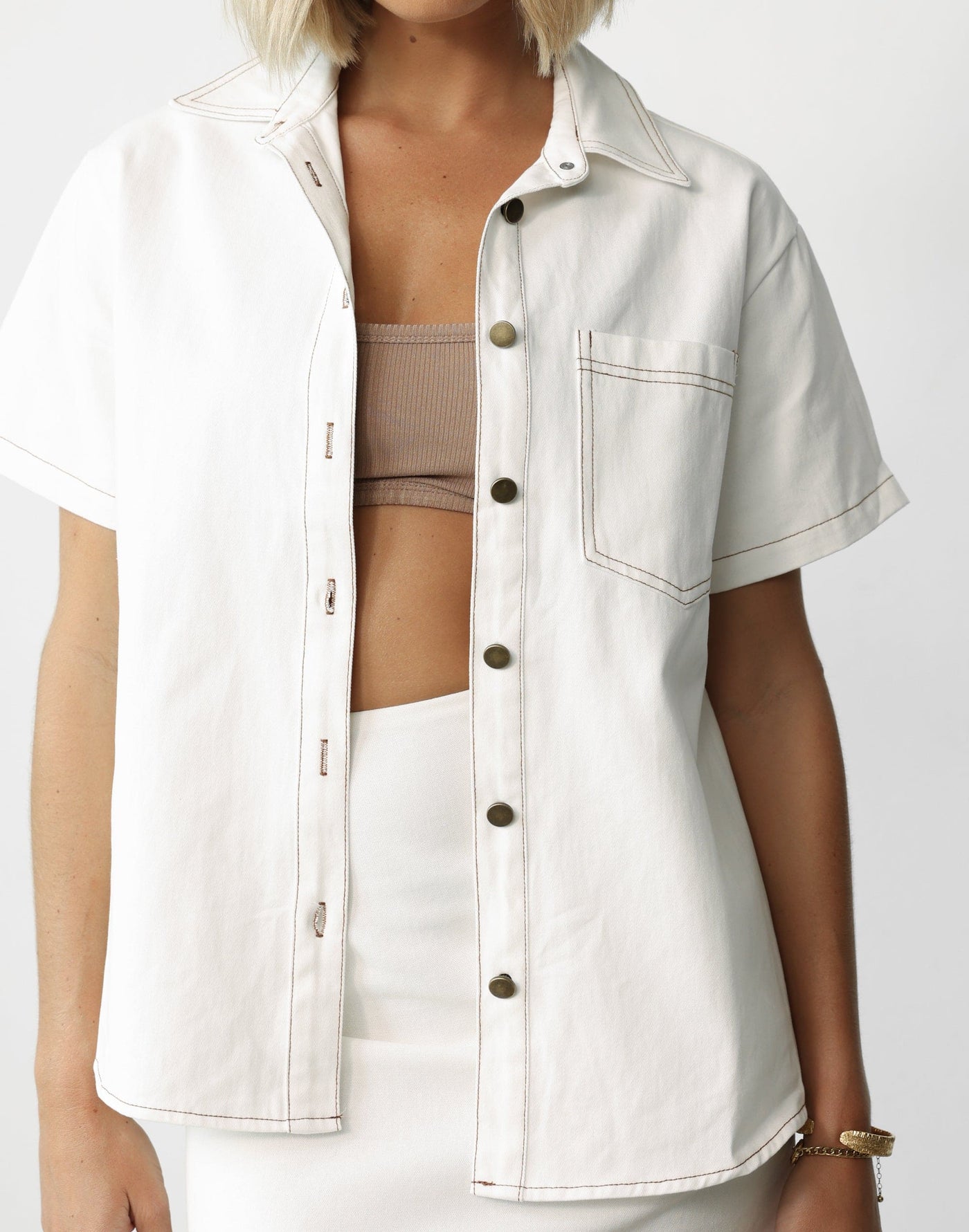 Aliyana Shirt (White) - Denim Oversized Button Up Shirt - Women's Top - Charcoal Clothing