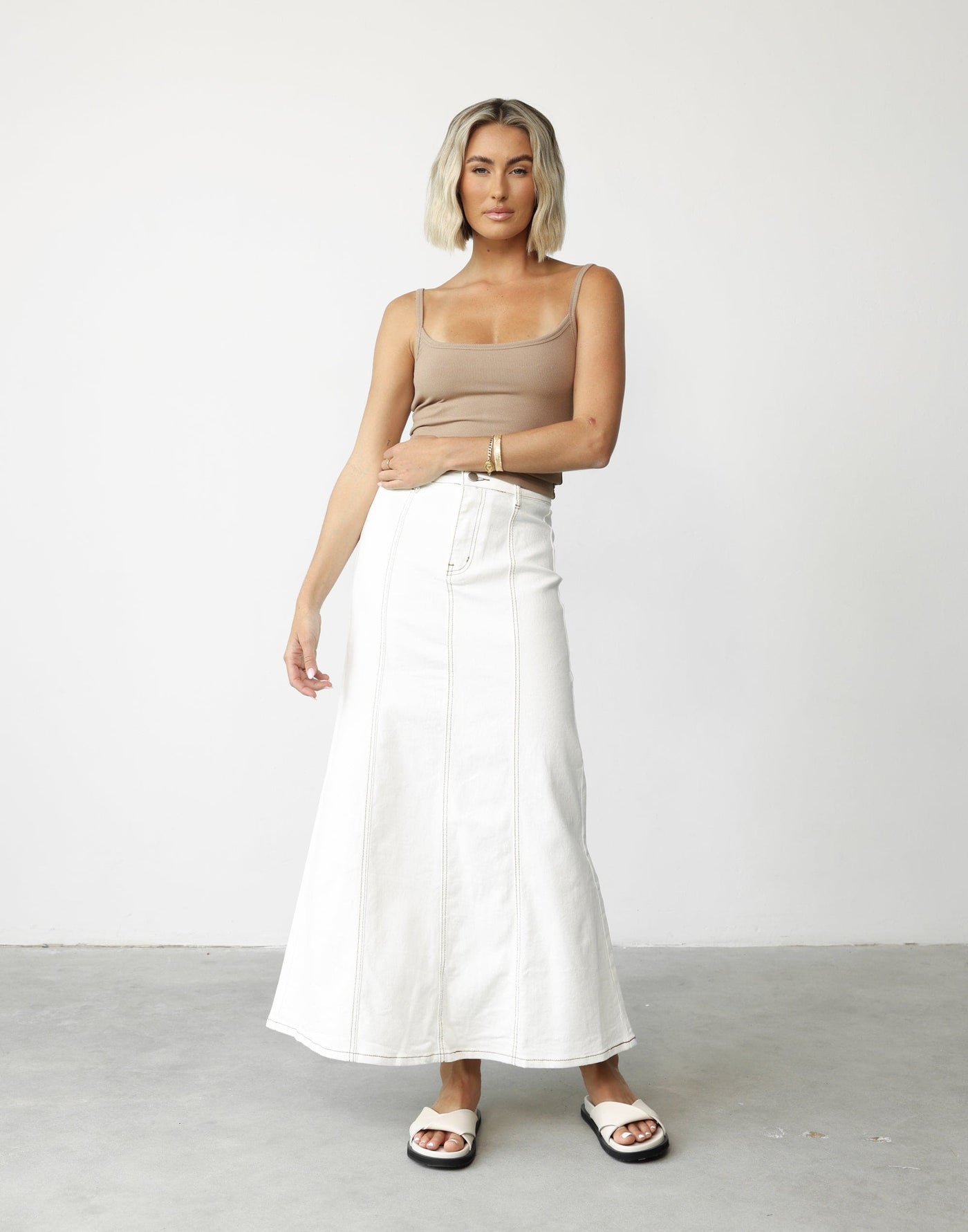 Kaylah Maxi Skirt (White) - A-line Flared Denim Maxi Skirt - Women's Skirt - Charcoal Clothing