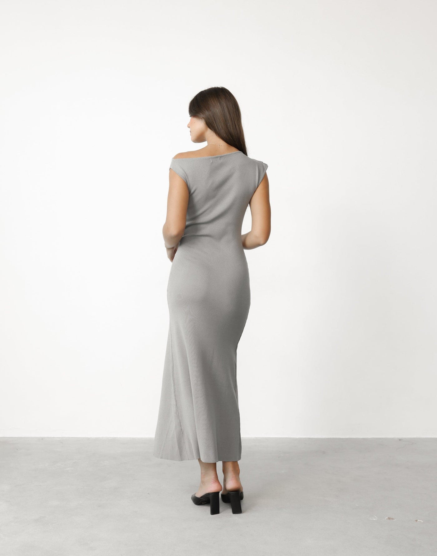 Martina Maxi Dress (Light Grey) - One Shoulder Stretch Knit Leg Split Maxi - Women's Dress - Charcoal Clothing
