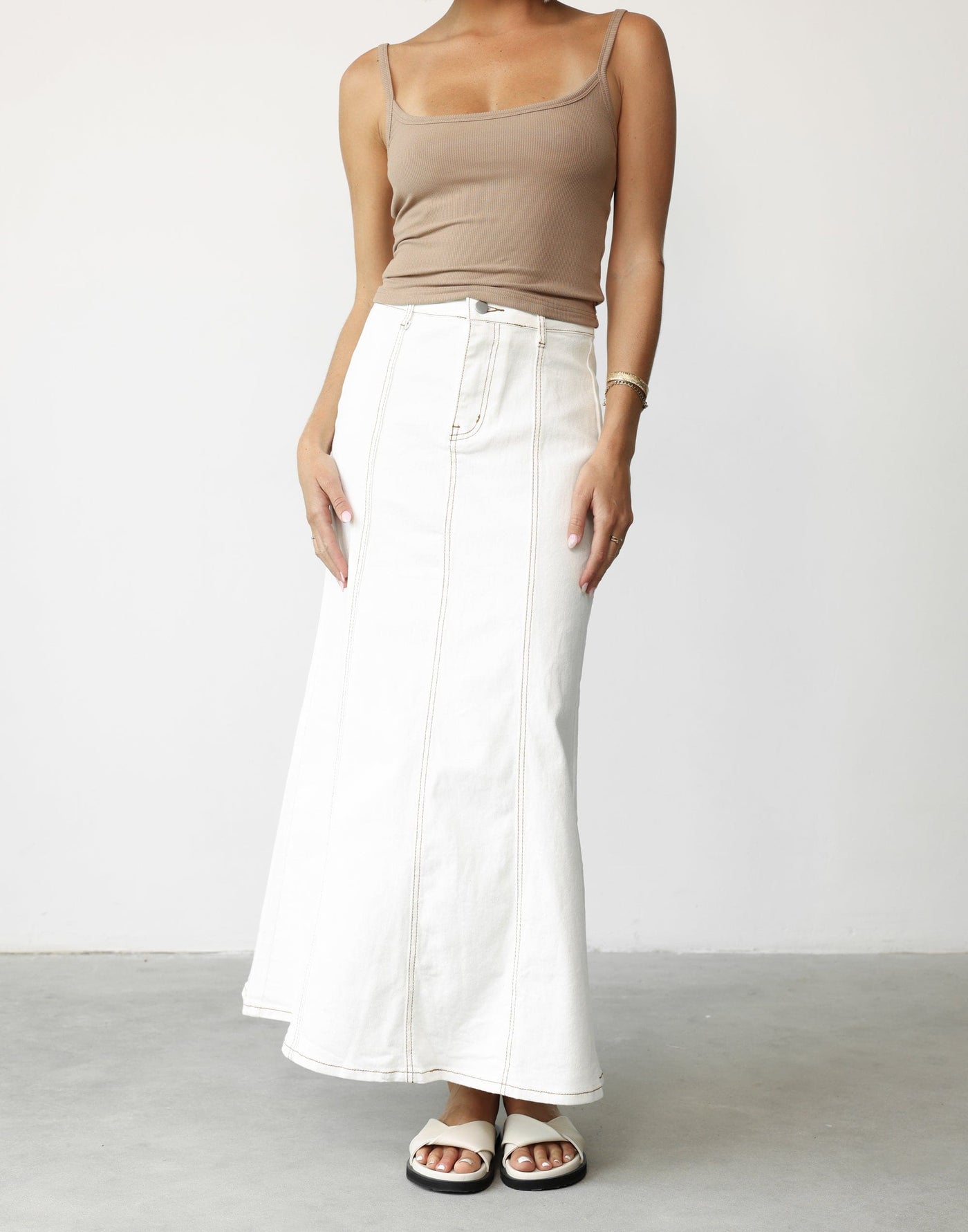 Kaylah Maxi Skirt (White) - A-line Flared Denim Maxi Skirt - Women's Skirt - Charcoal Clothing