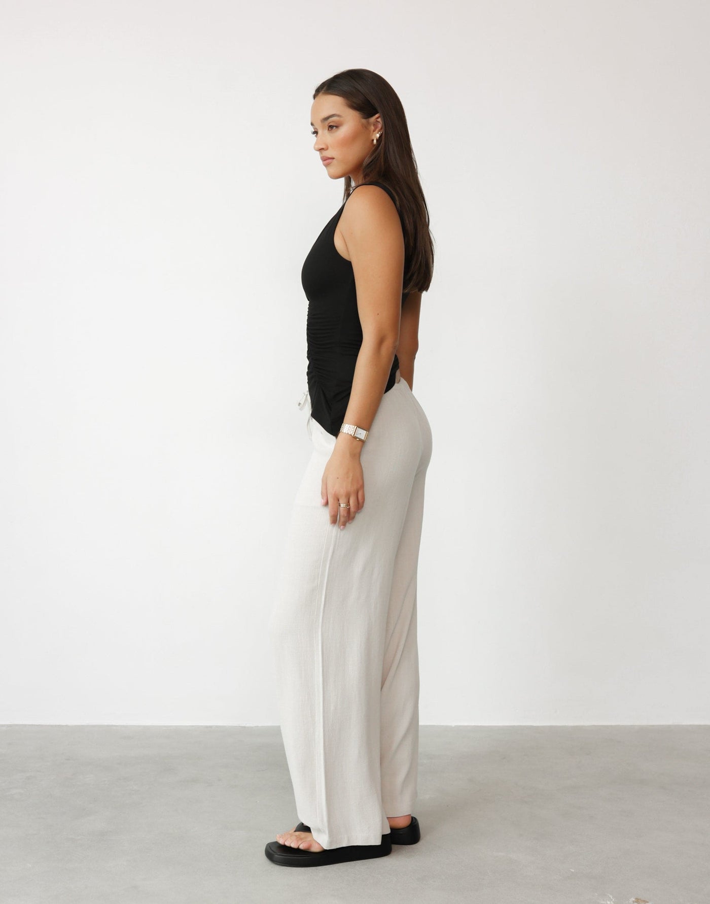 Amee Linen Pants (Latte) | CHARCOAL Exclusive - Elasticated Tie Up Waist Wide Leg Flowy Linen Pants - Women's Pants - Charcoal Clothing