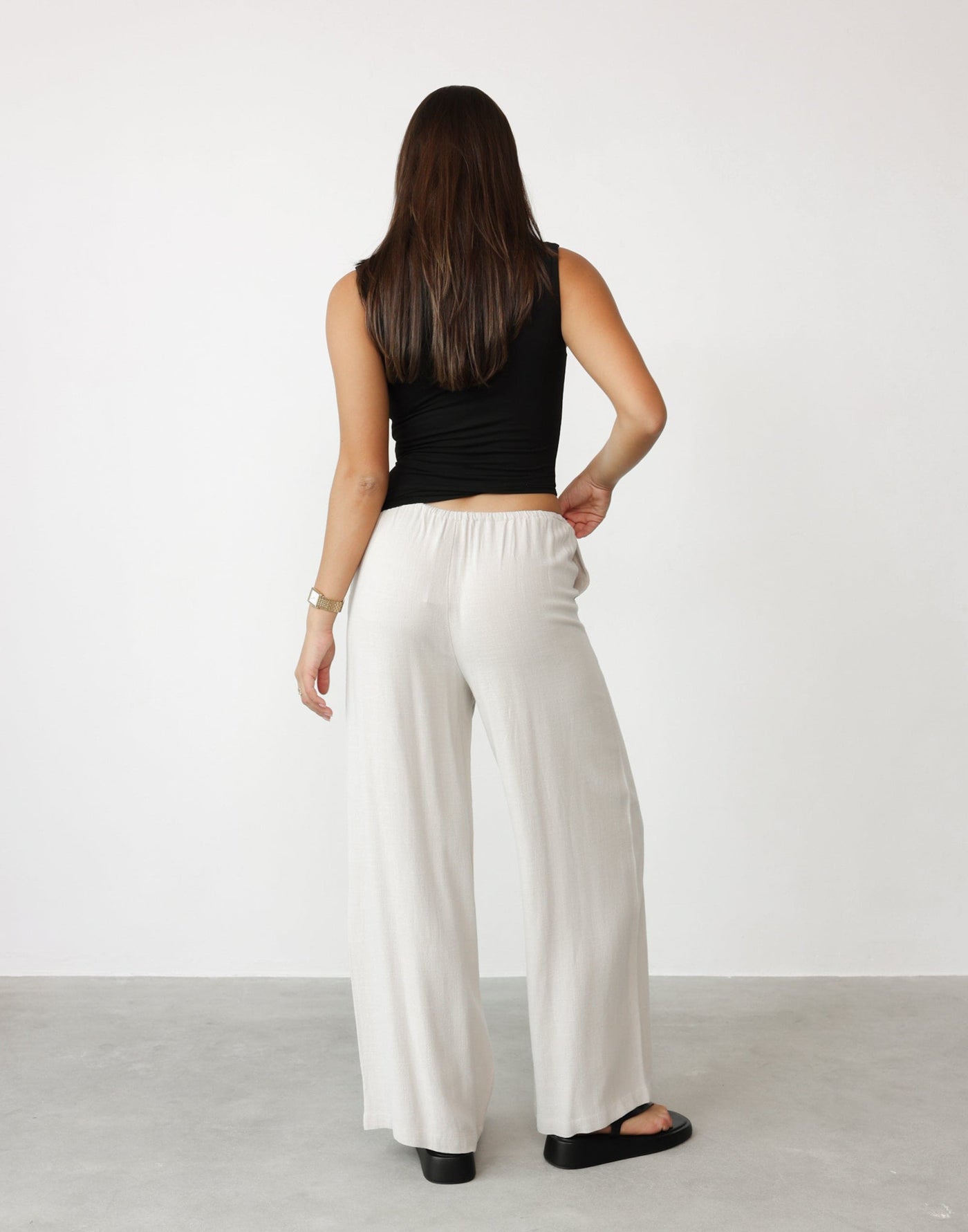 Amee Linen Pants (Latte) | CHARCOAL Exclusive - Elasticated Tie Up Waist Wide Leg Flowy Linen Pants - Women's Pants - Charcoal Clothing