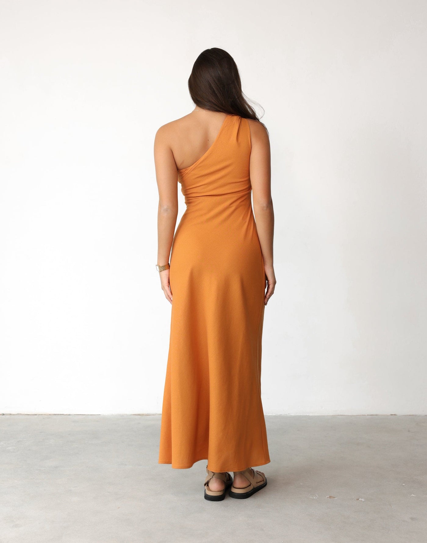 Rema Maxi Dress (Tangerine) | Charcoal Clothing Exclusive - Asymmetrical Neckline Flared Skirt Linen Blend Maxi - Women's Dress - Charcoal Clothing